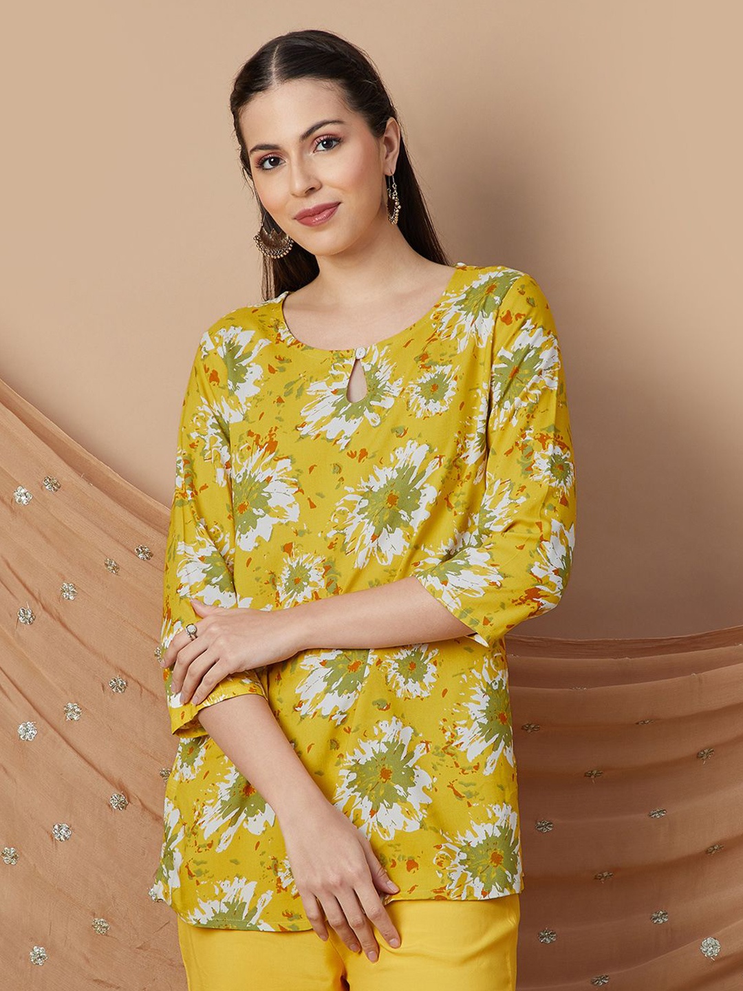

Melange by Lifestyle Women Printed Three-Quarter Sleeves Kurti, Mustard