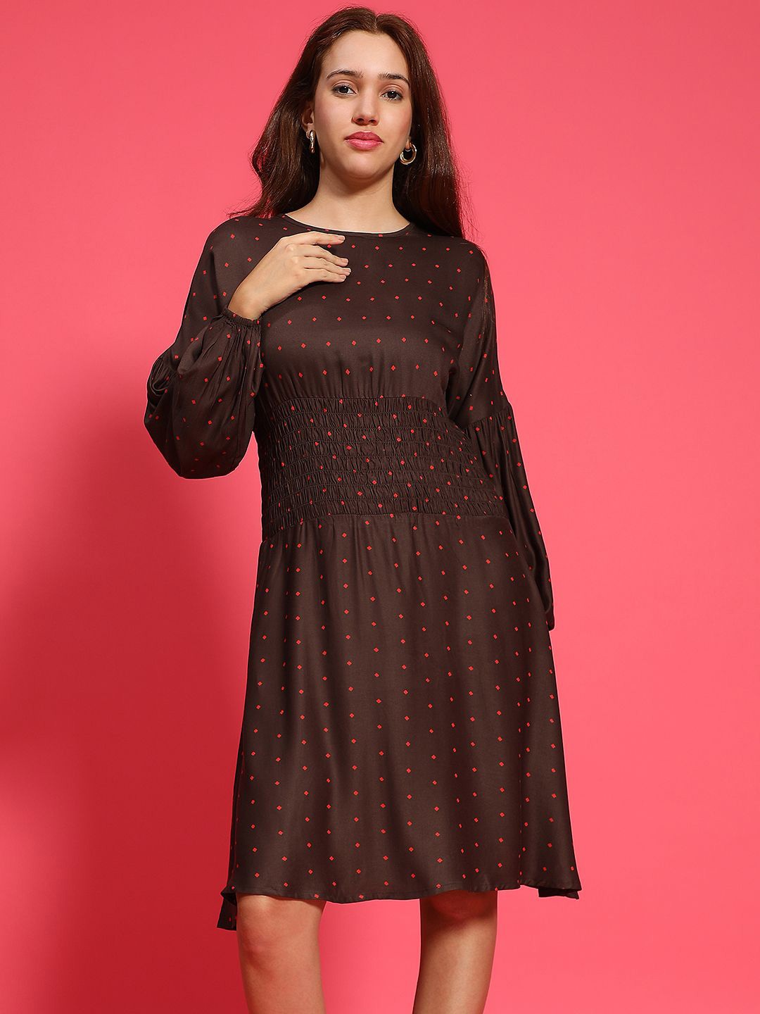 

Oxolloxo Women Printed Fit & Flare Casual Dress, Brown