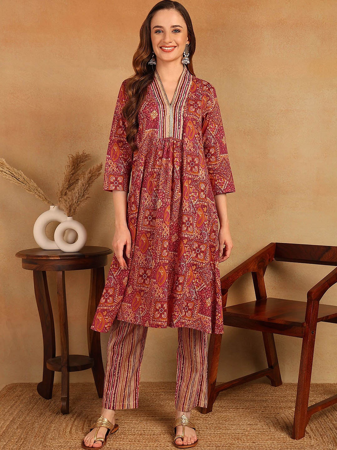 

KALINI Floral Embroidered Pleated Pure Cotton A-Line Kurta with Trousers, Maroon