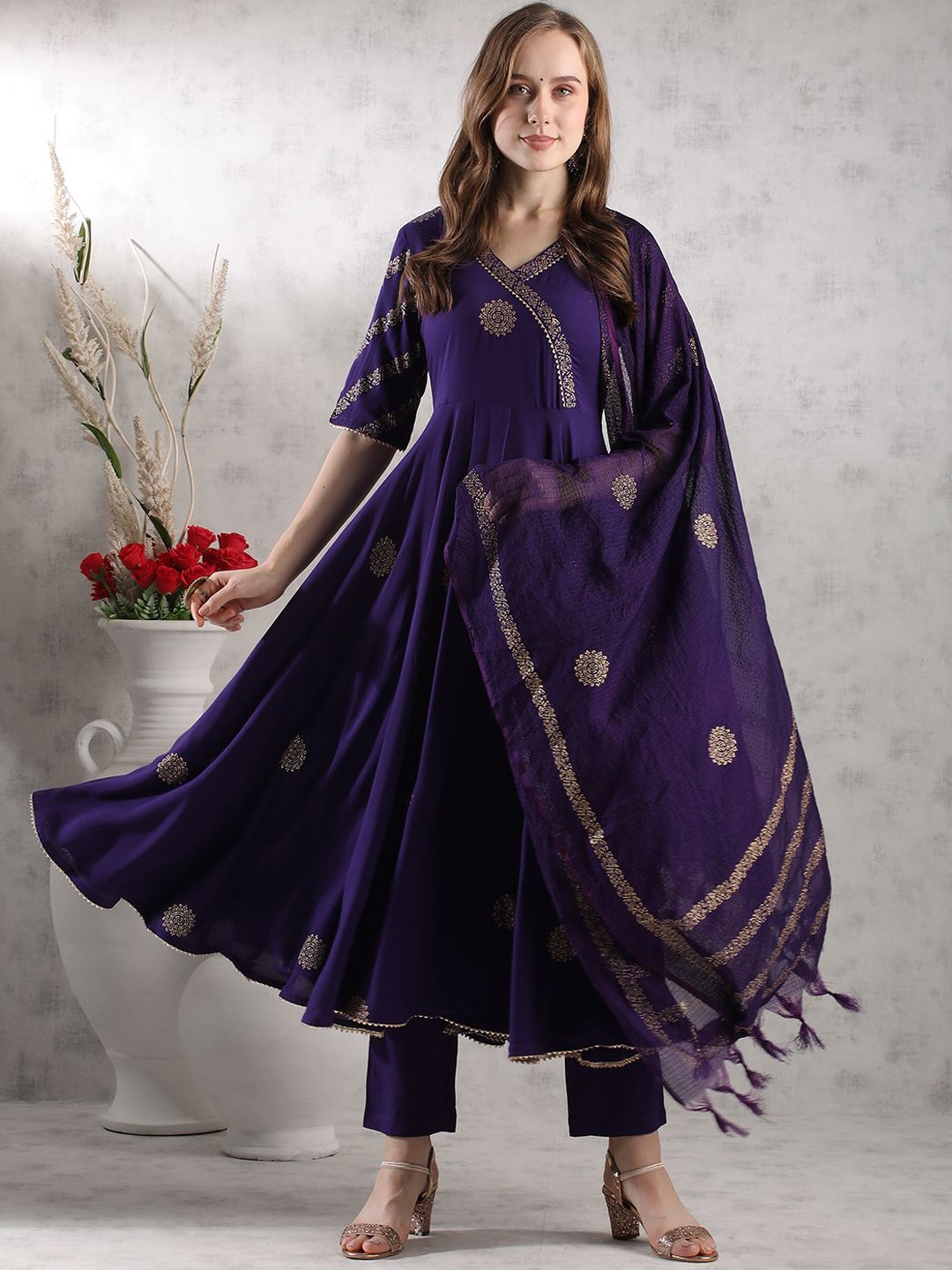 

GoSriKi Ethnic Motifs Woven Design V-Neck Anarkali Kurta with Trousers & Dupatta, Purple