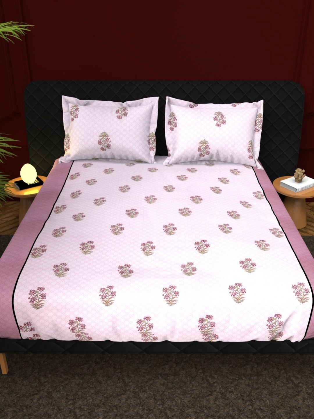 

THE WHITE MOSS White & Pink Floral Cotton 210 TC King Bedsheet Set 2.75 m x 2.75 m