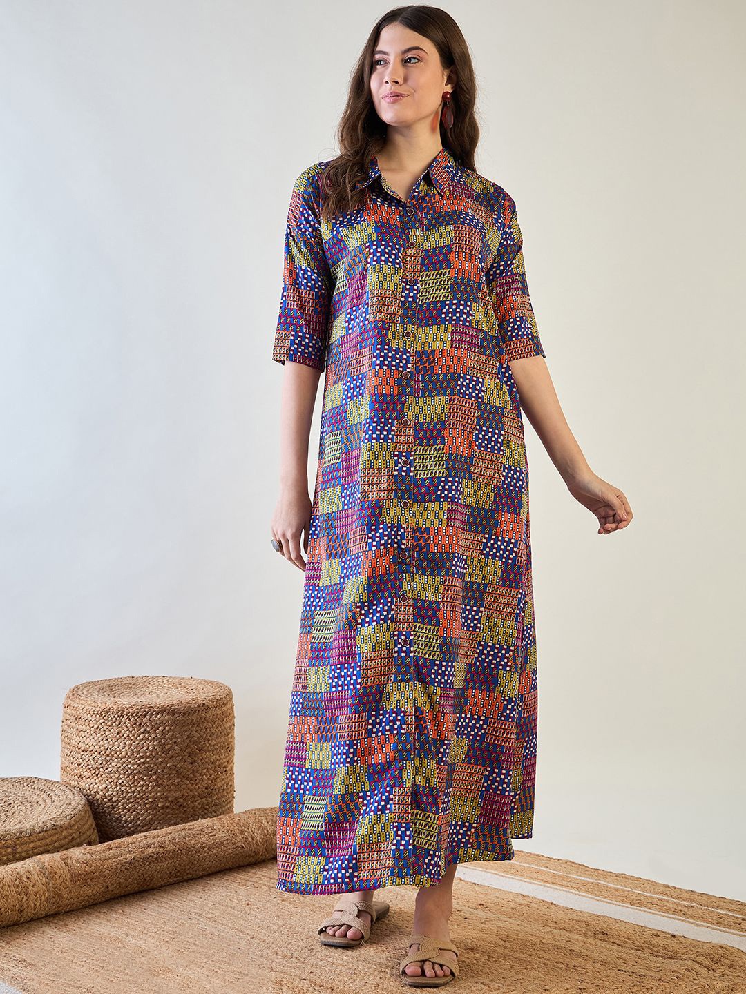 

The Kaftan Company Women Abstract Printed Polo Collar Maxi Nightdress, Green