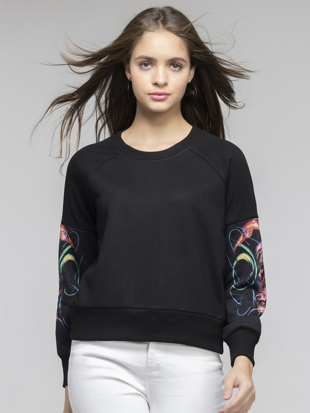 

SHAYE Women Round Neck Printed Winter Pullover Sweatshirt, Black