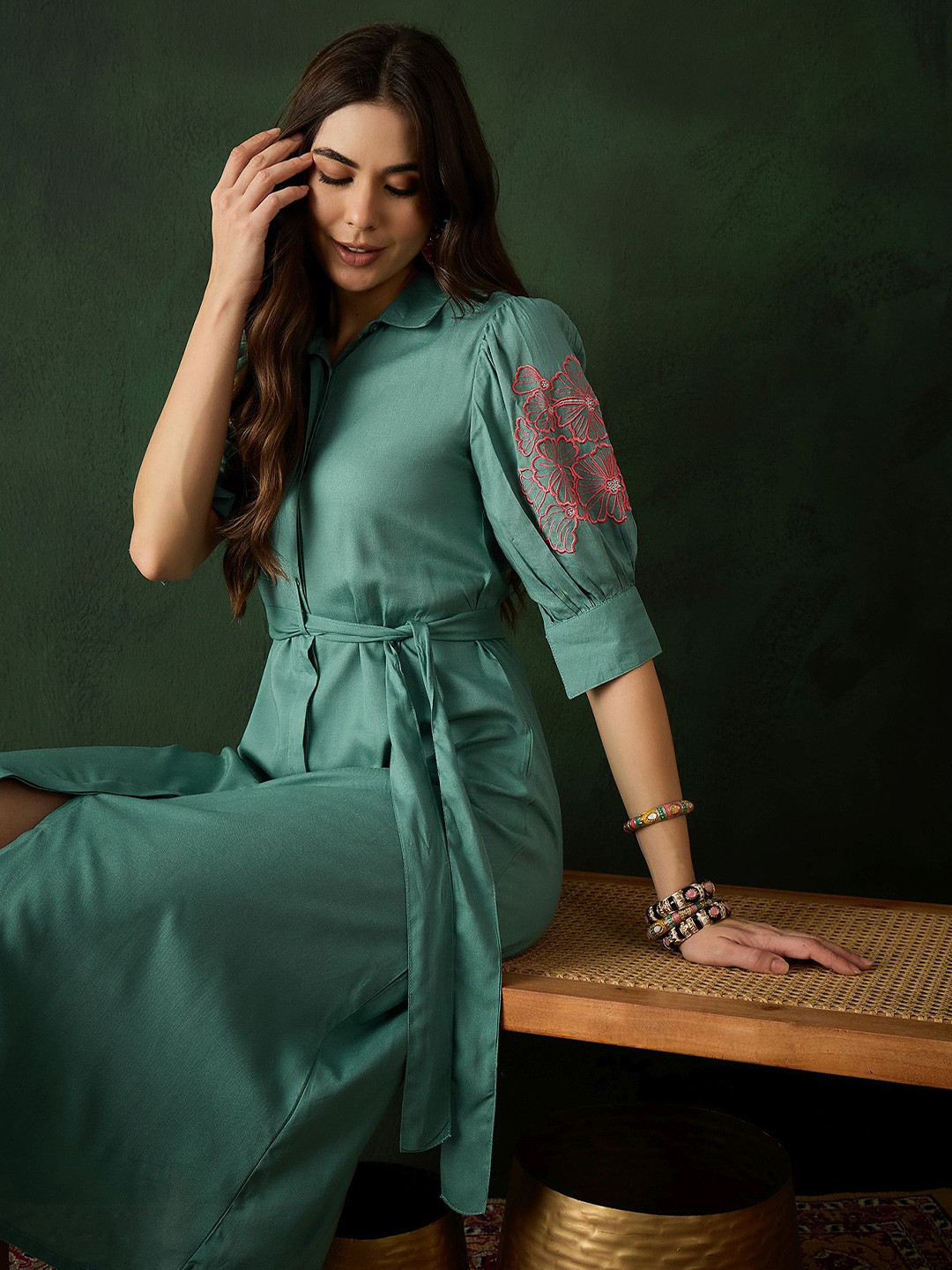 

Sangria Women Embroidered A-Line Midi Dresses, Green