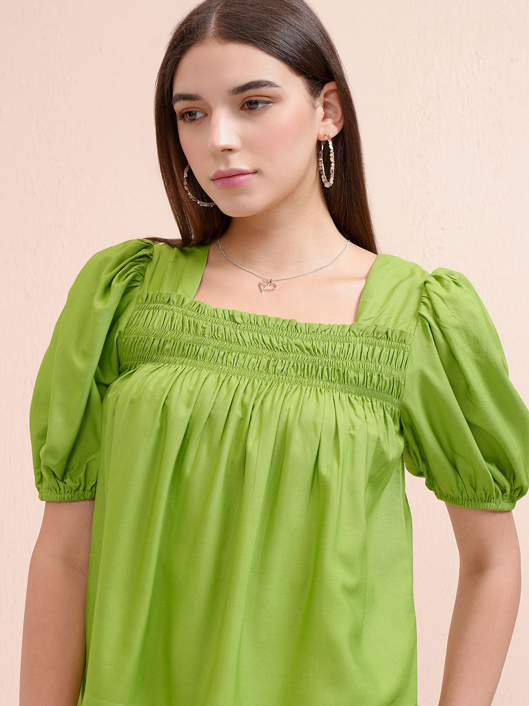 

Tokyo Talkies Women Puff Short Sleeves Smocked Top, Green