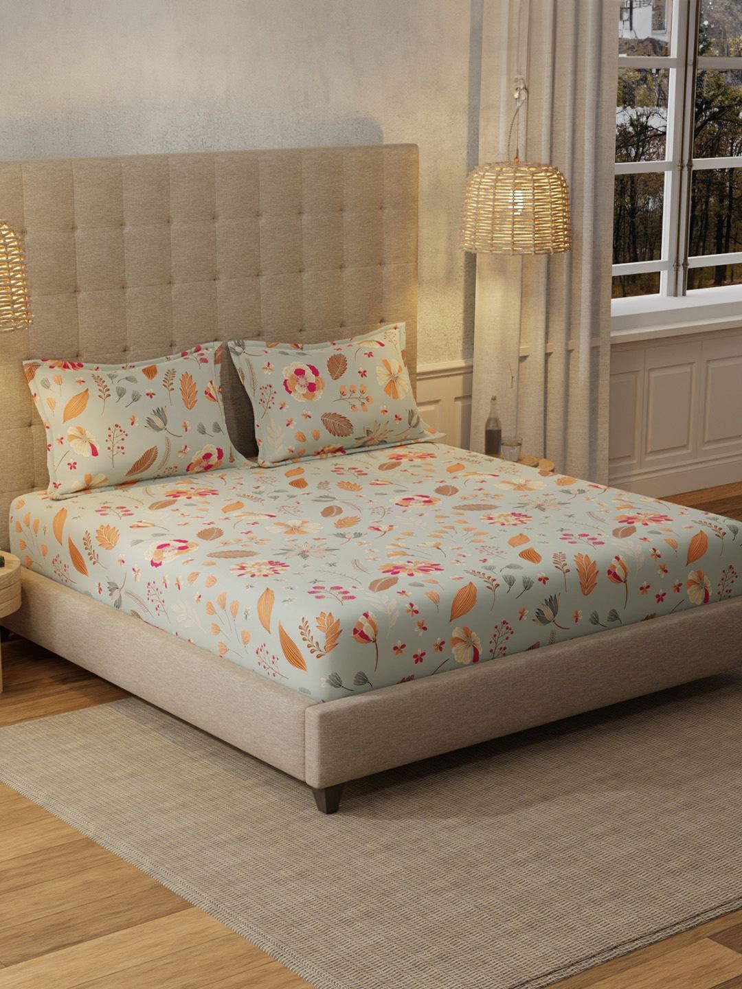 

URBAN SPACE Florence Grey 200 TC Floral King Fitted Bedsheet