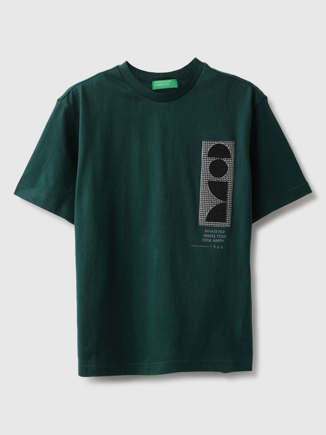 

United Colors of Benetton Boys Graphic Printed Round Neck Pure Cotton Relaxed Fit T-shirt, Green