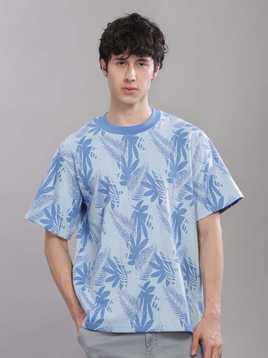 

TOMHIDDLE Men Floral Printed Round Neck Cotton Relaxed Fit T-shirt, Blue