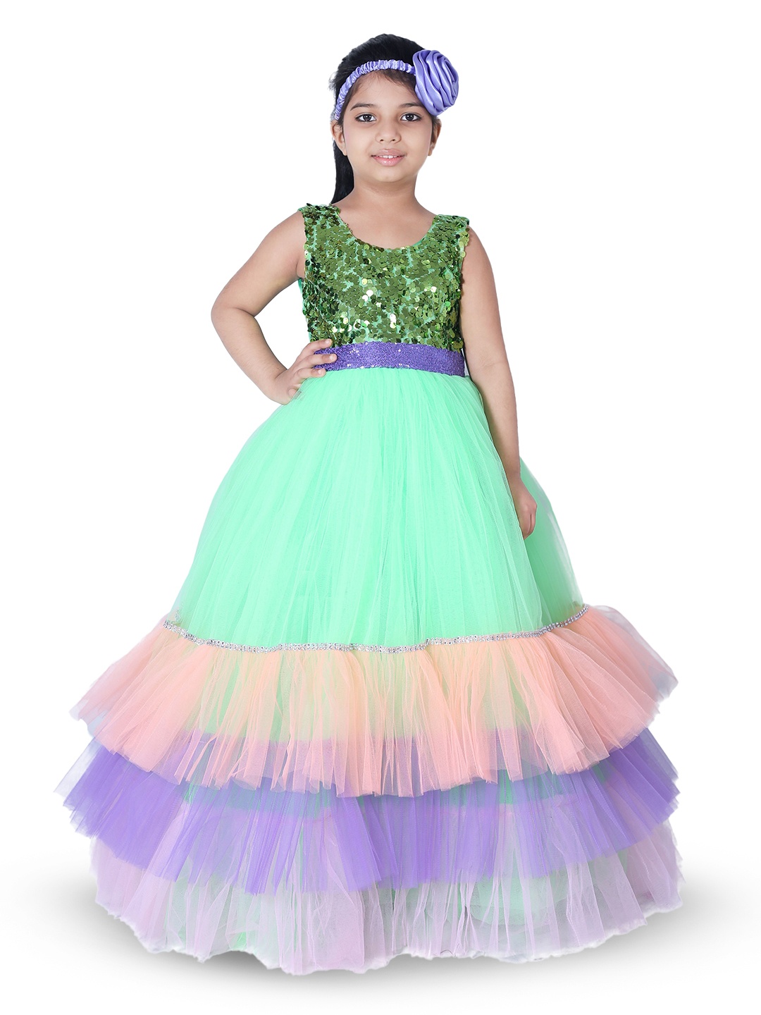 

Wish little Girls Self Design Net A-Line Maxi Dress, Multi