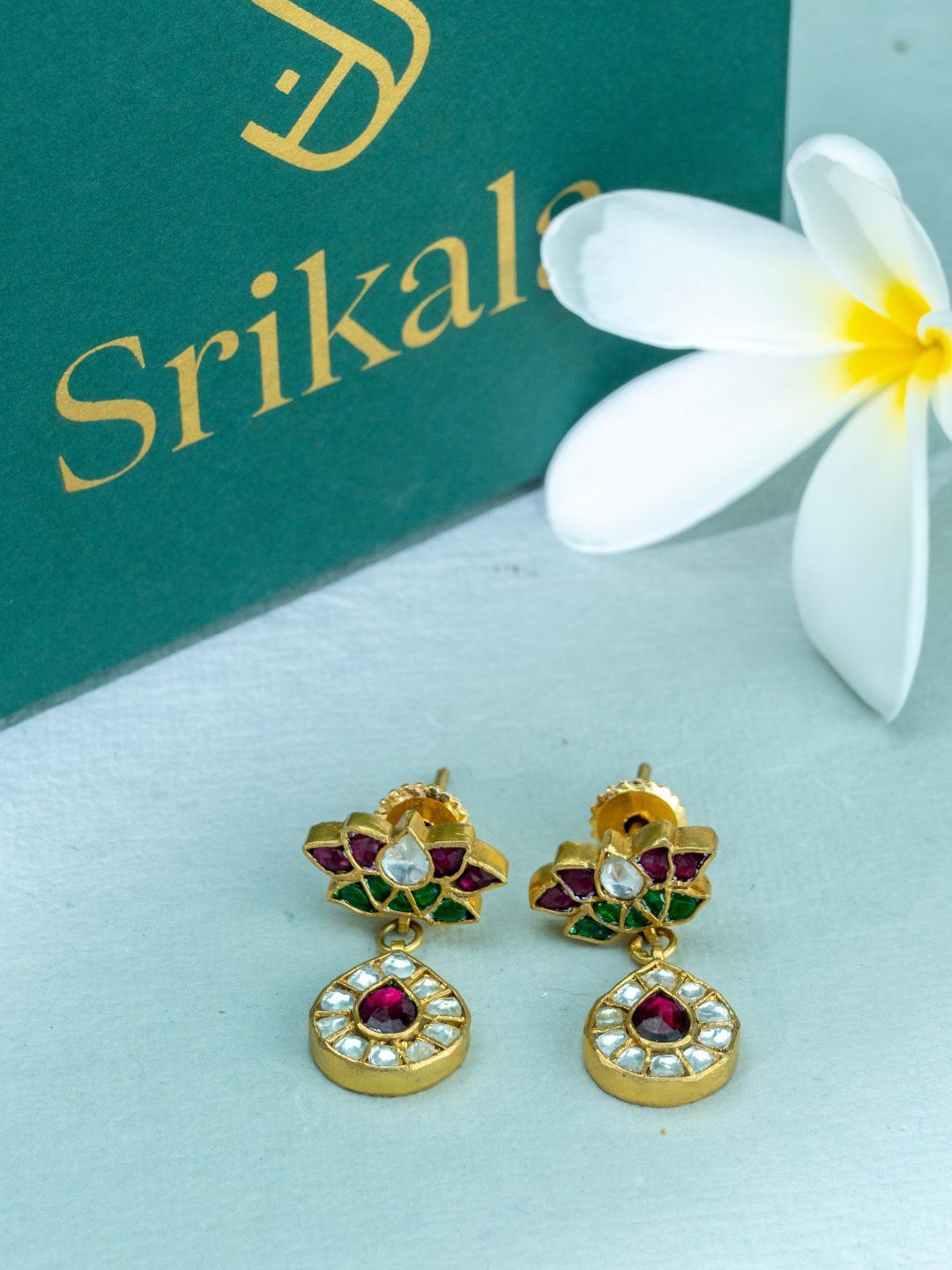 

srikala Gold-Plated Stone Studded Lotus Drop Earrings