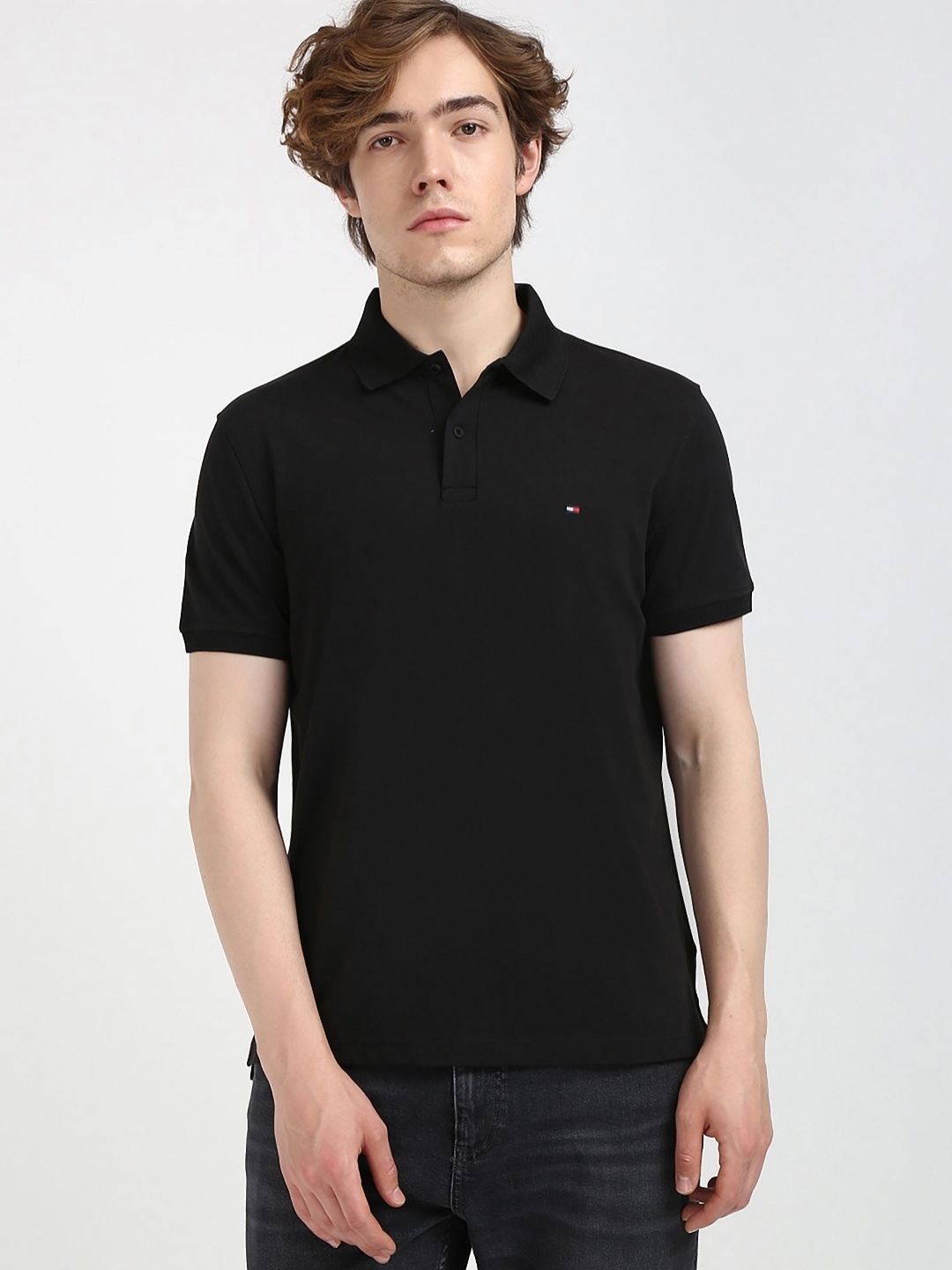 

Tommy Hilfiger Men Solid Polo Collar Organic Cotton T-shirt, Black