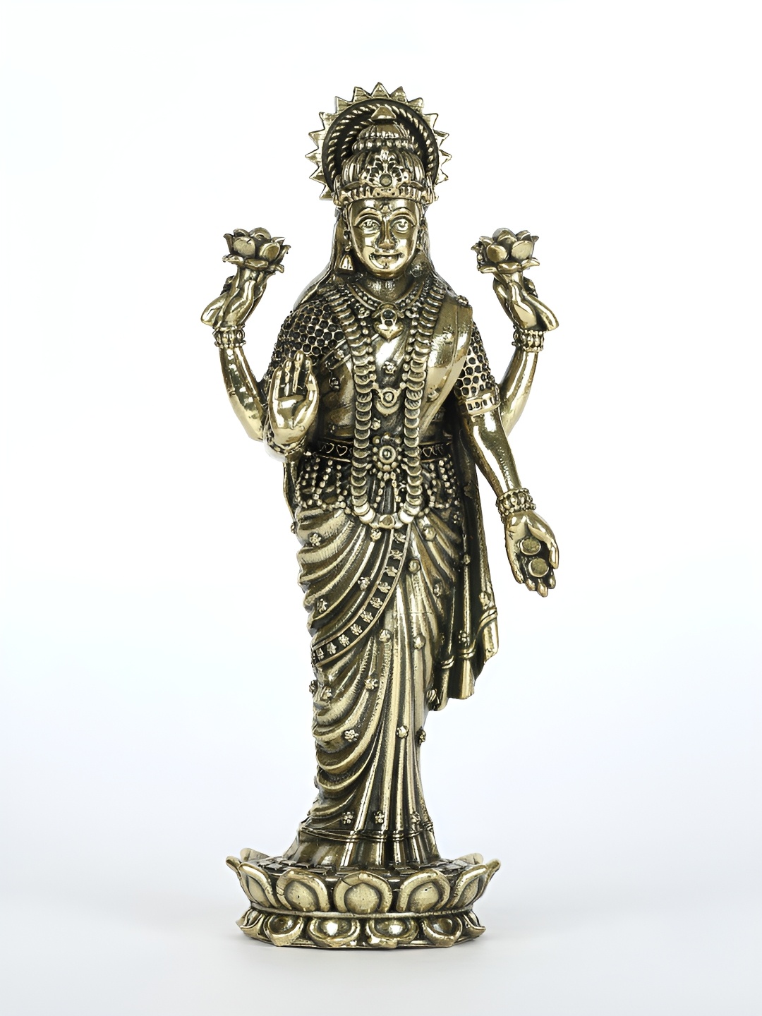 

Exotic India Superfine Devi Lakshmi Brass Statue Standing on Lotus in Brass, Gold