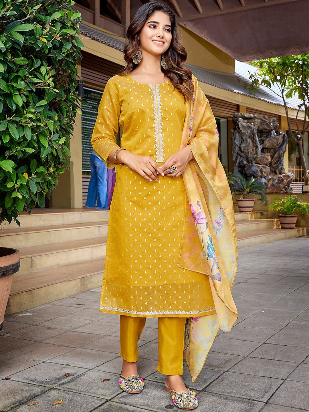 

Royal Export Women Ethnic Motifs Embroidered Regular Thread Work Kurta with Trousers & With Dupatta, Yellow