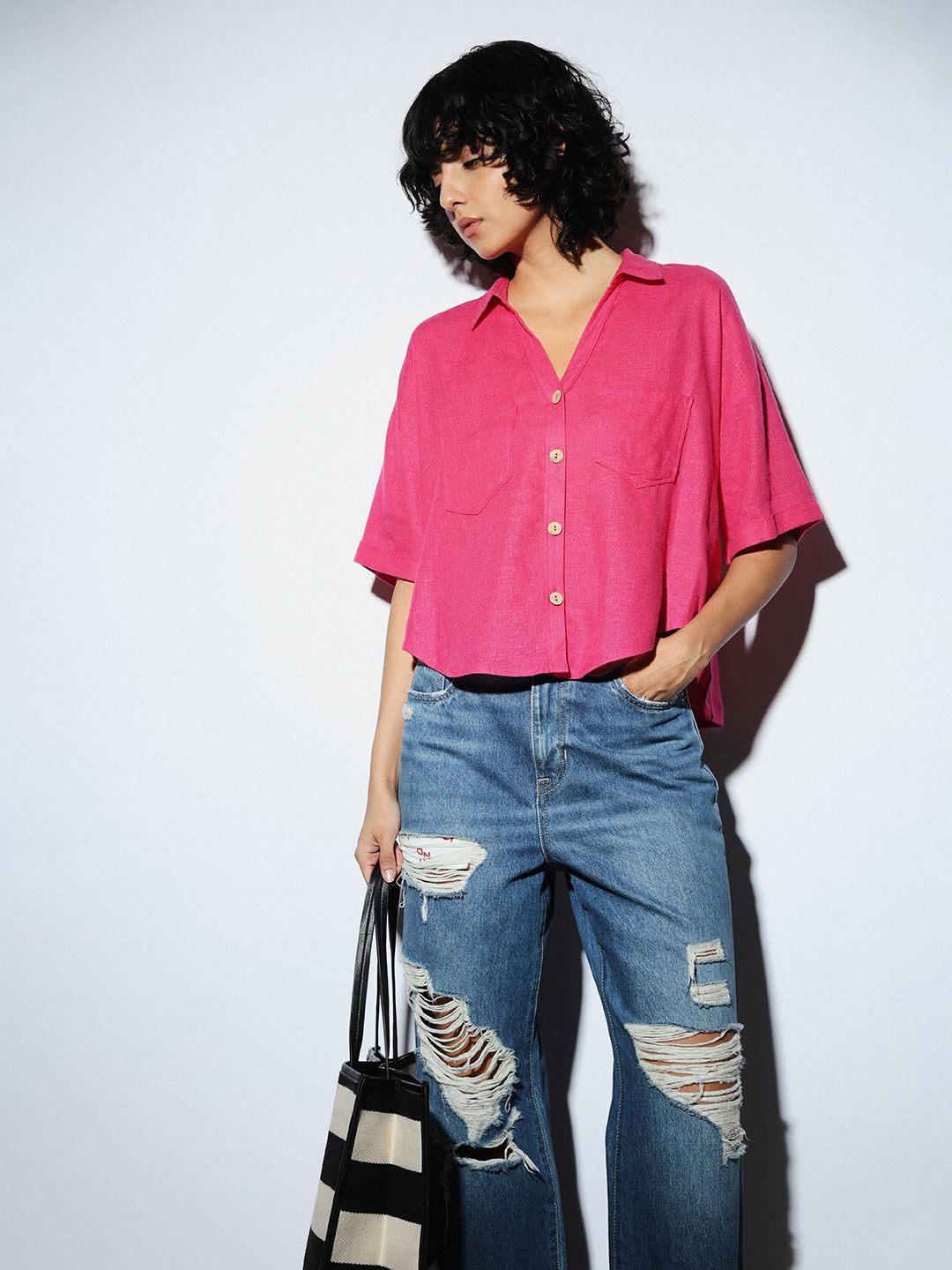 

ONLY Women Spread Collar Solid Linen Oversized Casual Shirt, Pink