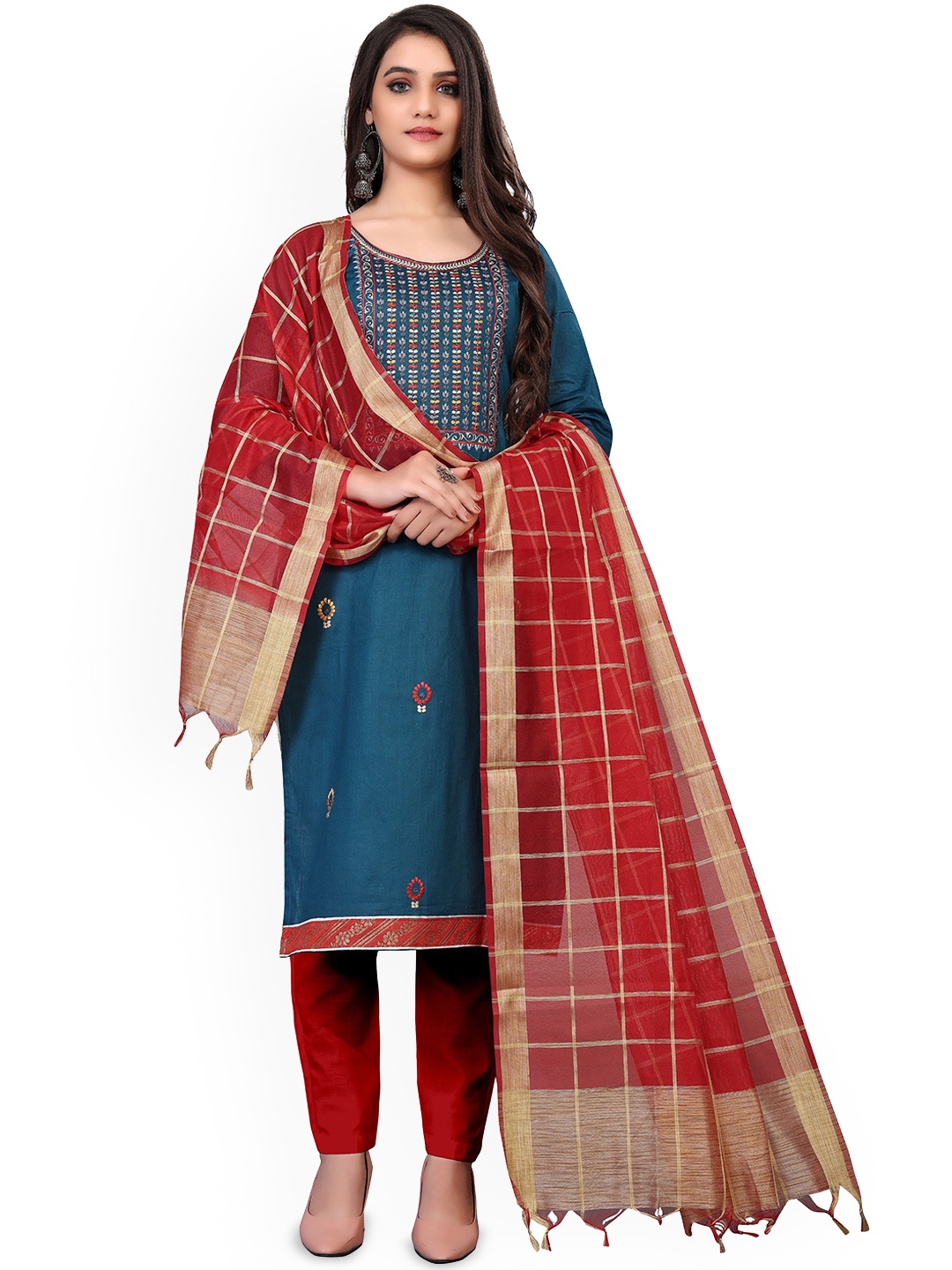 

Maroosh Floral Embroidered Sequinned Glaze Cotton Unstitched Dress Material, Blue