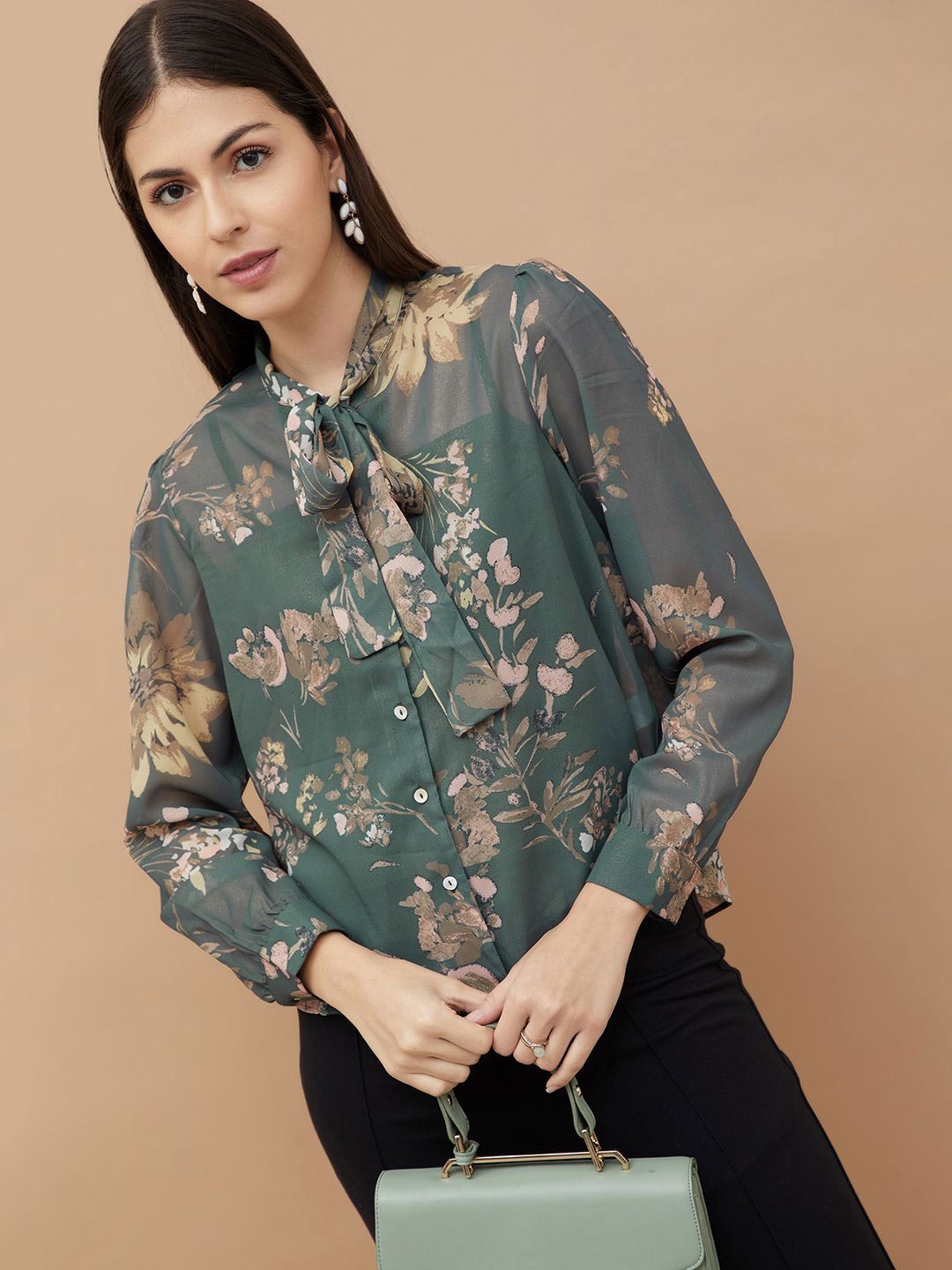 

CODE by Lifestyle Women Floral Printed Tie-Up Neck Cuffed Sleeves Shirt Style Top, Olive