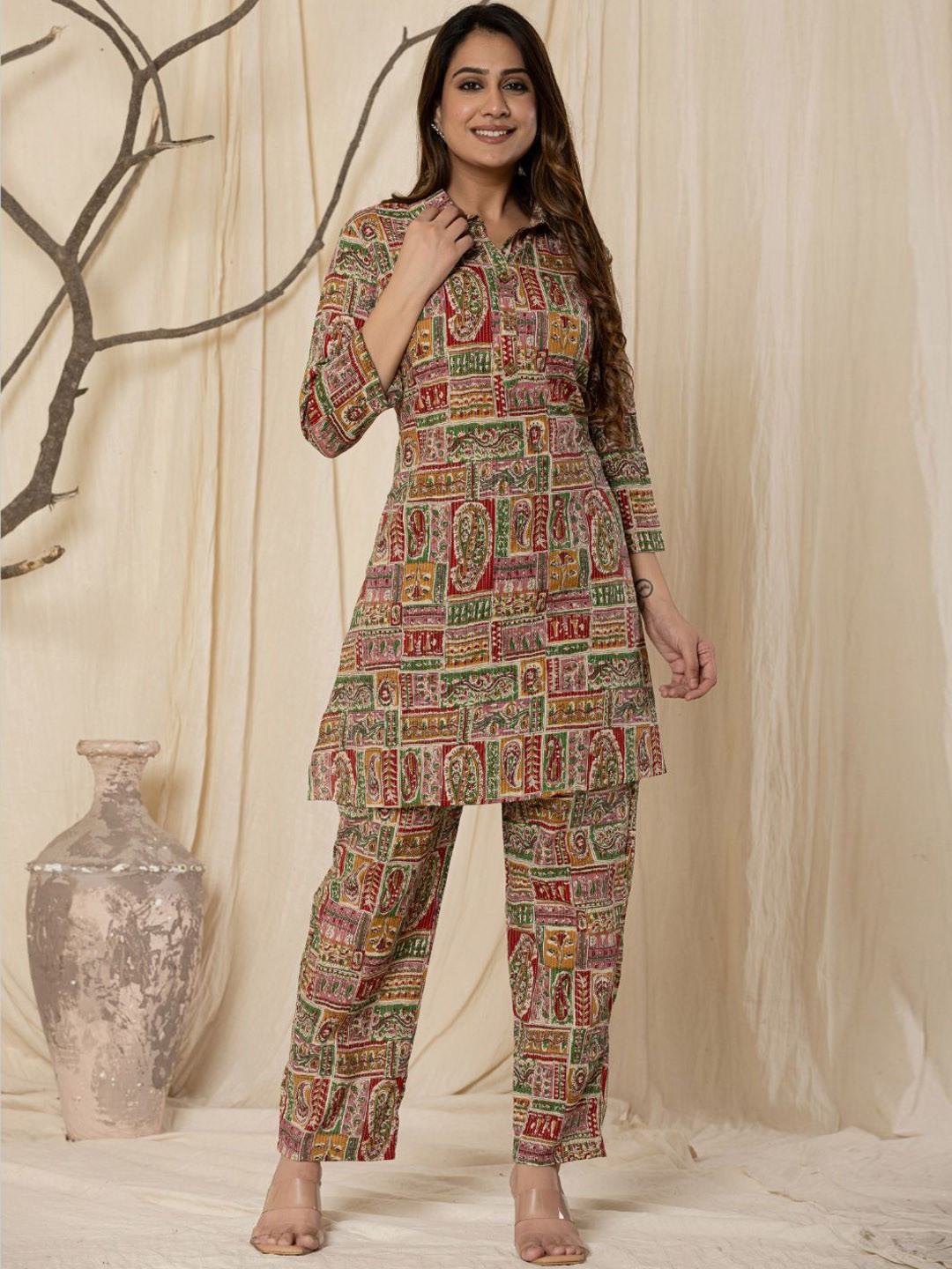 

VEDANA Printed Pure Cotton Tunic With Trousers Co-Ords, Green