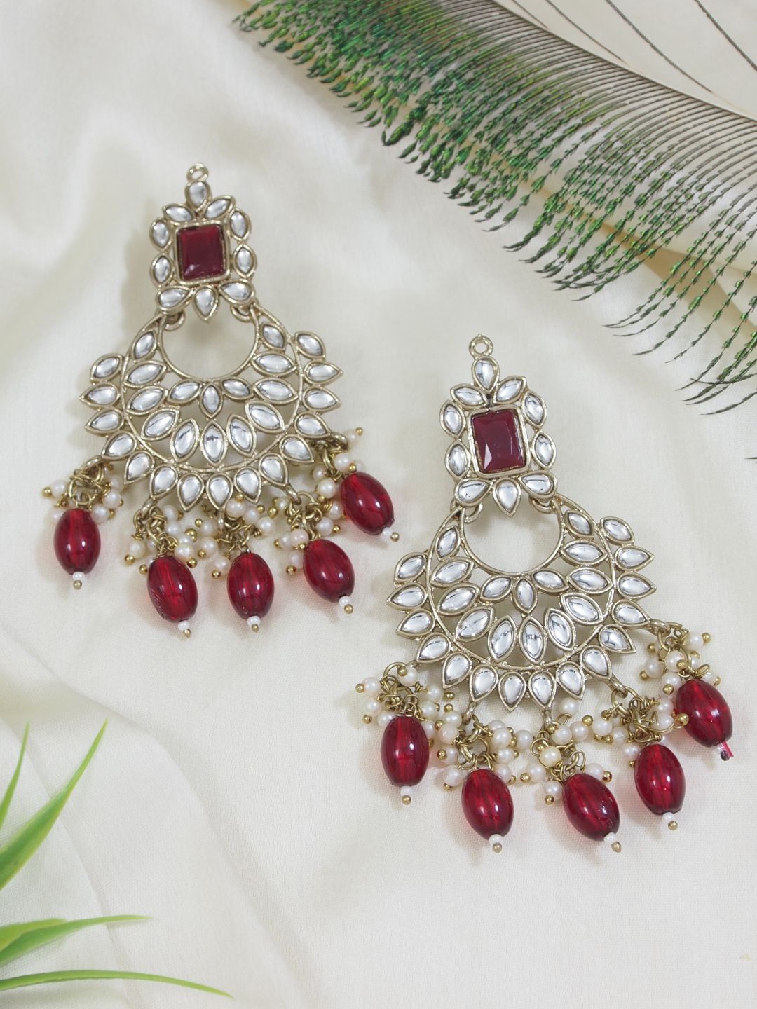 

I Jewels Gold-Plated Contemporary Kundan Stud Drop Earrings, Maroon