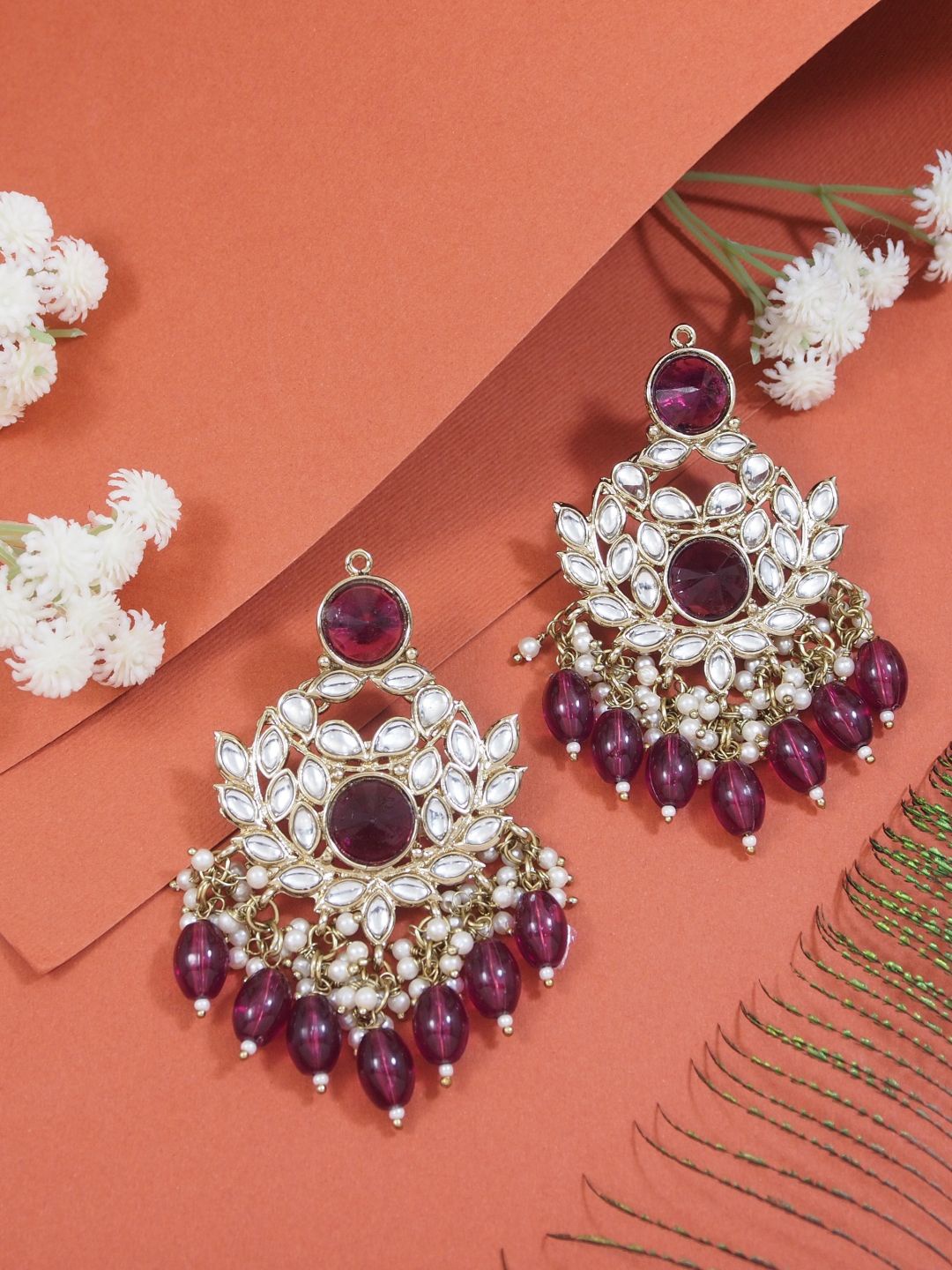 

I Jewels Gold Plated Kundan & Pearl Contemporary Chandbalis, Purple