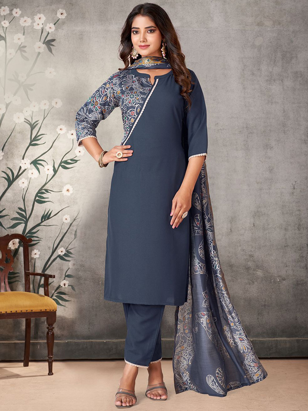 

KALINI Floral Printed Notch Neck Kurta with Trouser & Dupatta, Charcoal
