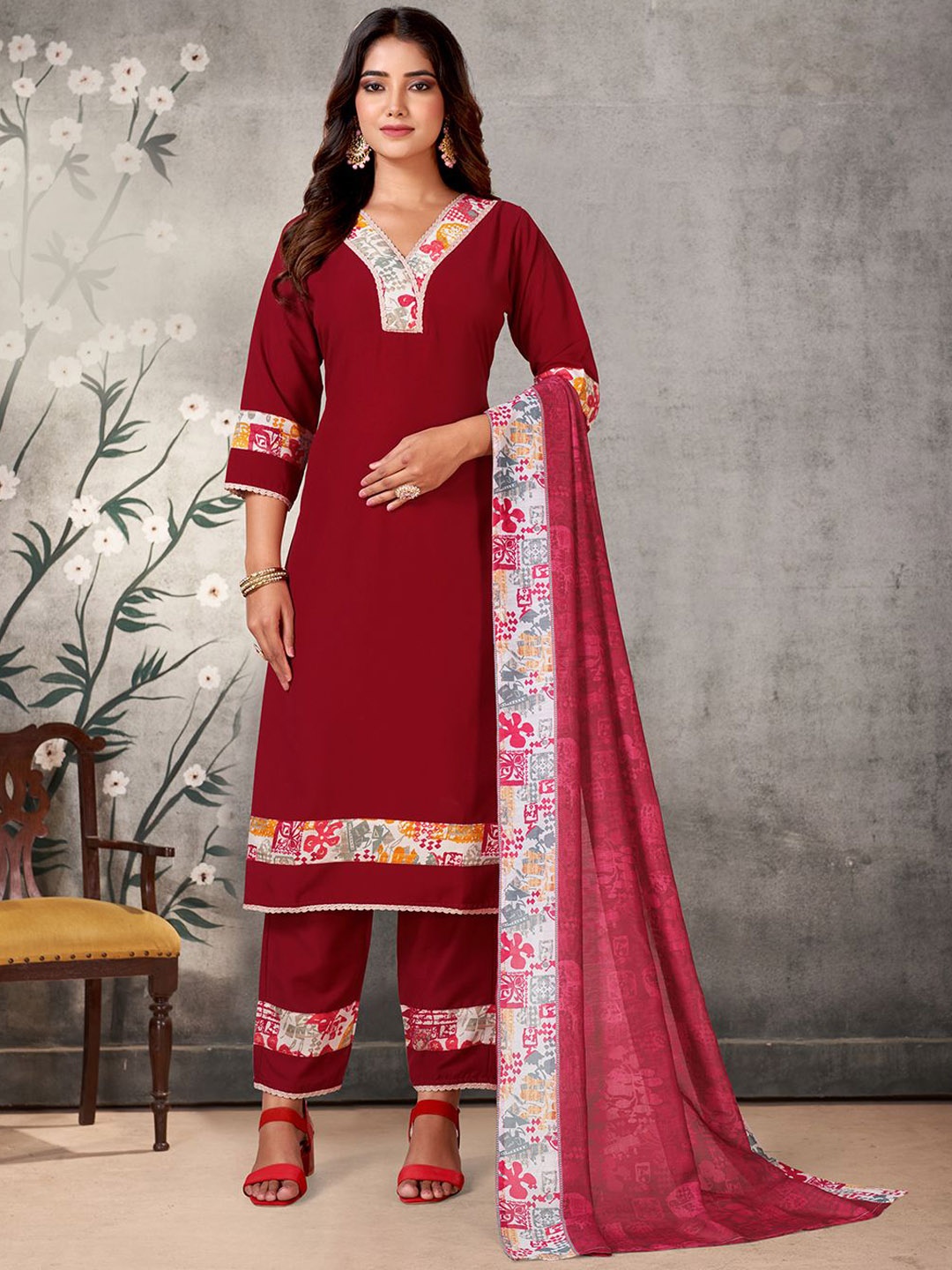 

KALINI Straight Kurta with Trousers & Dupatta, Maroon