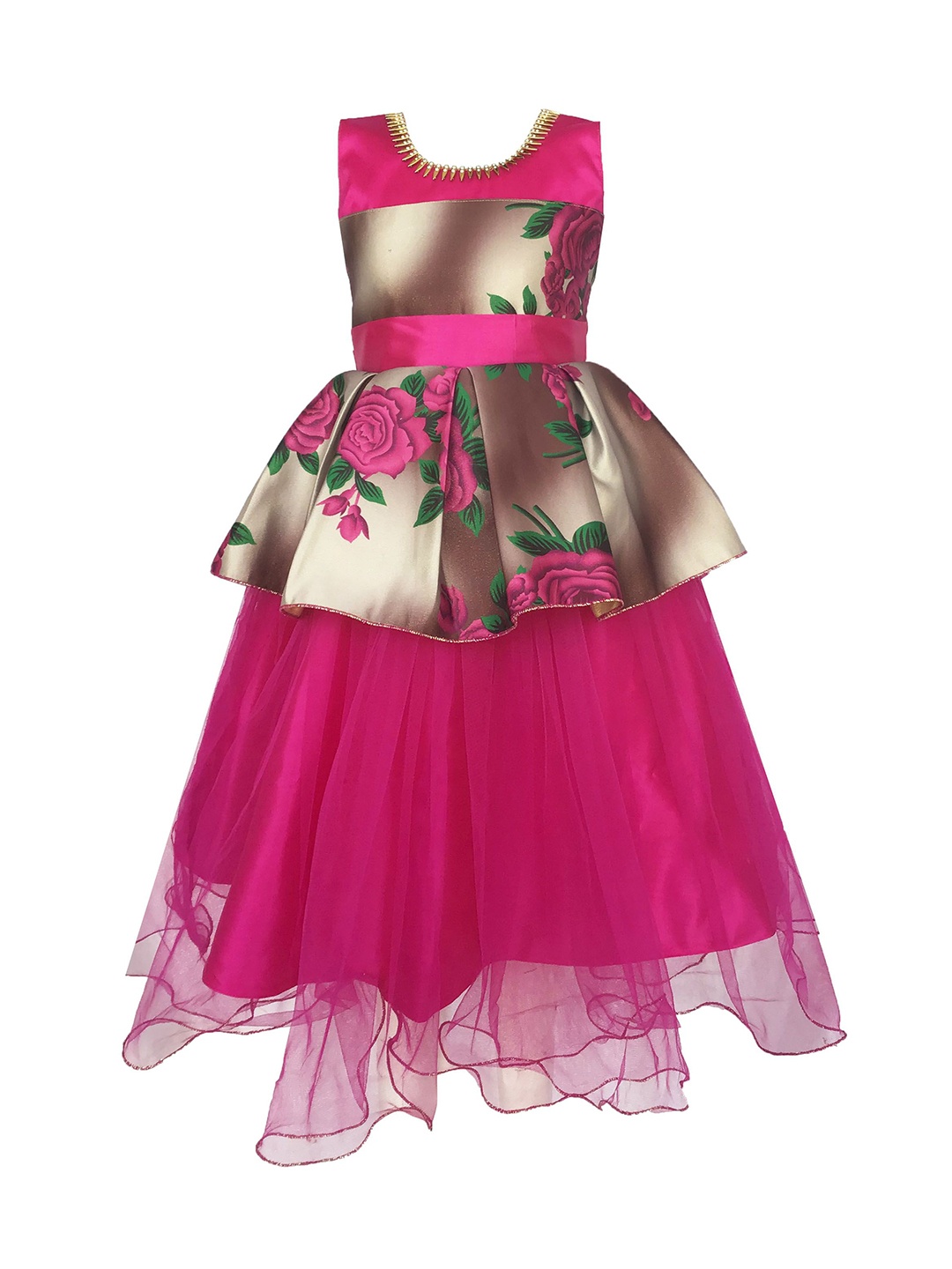 

BAESD Girls Net floral Self Design Fit and Flare Maxi Dress, Pink