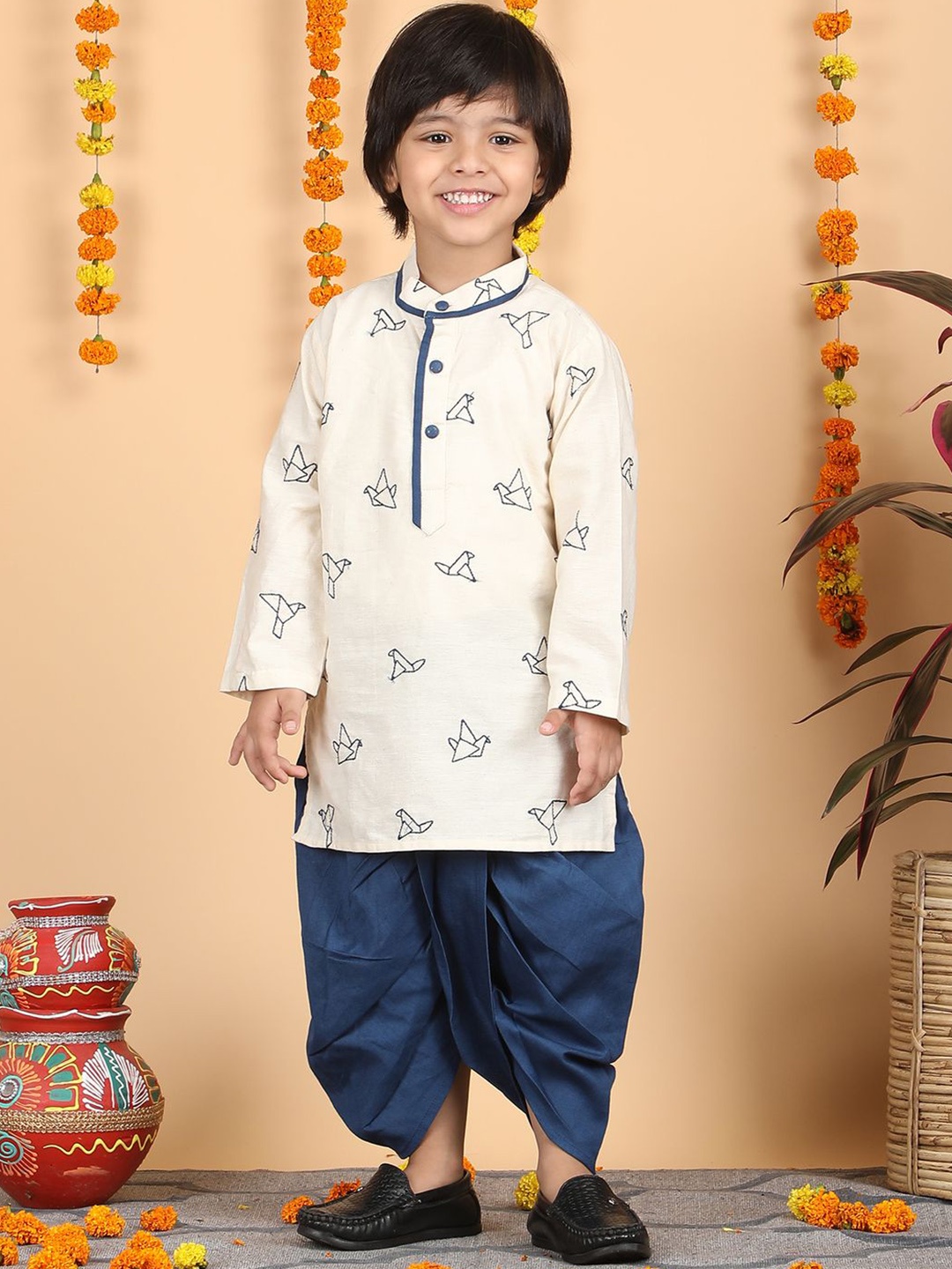 

Polka Tots Boys Band Collar Pure Cotton Straight Kurta with Dhoti Pants, Cream