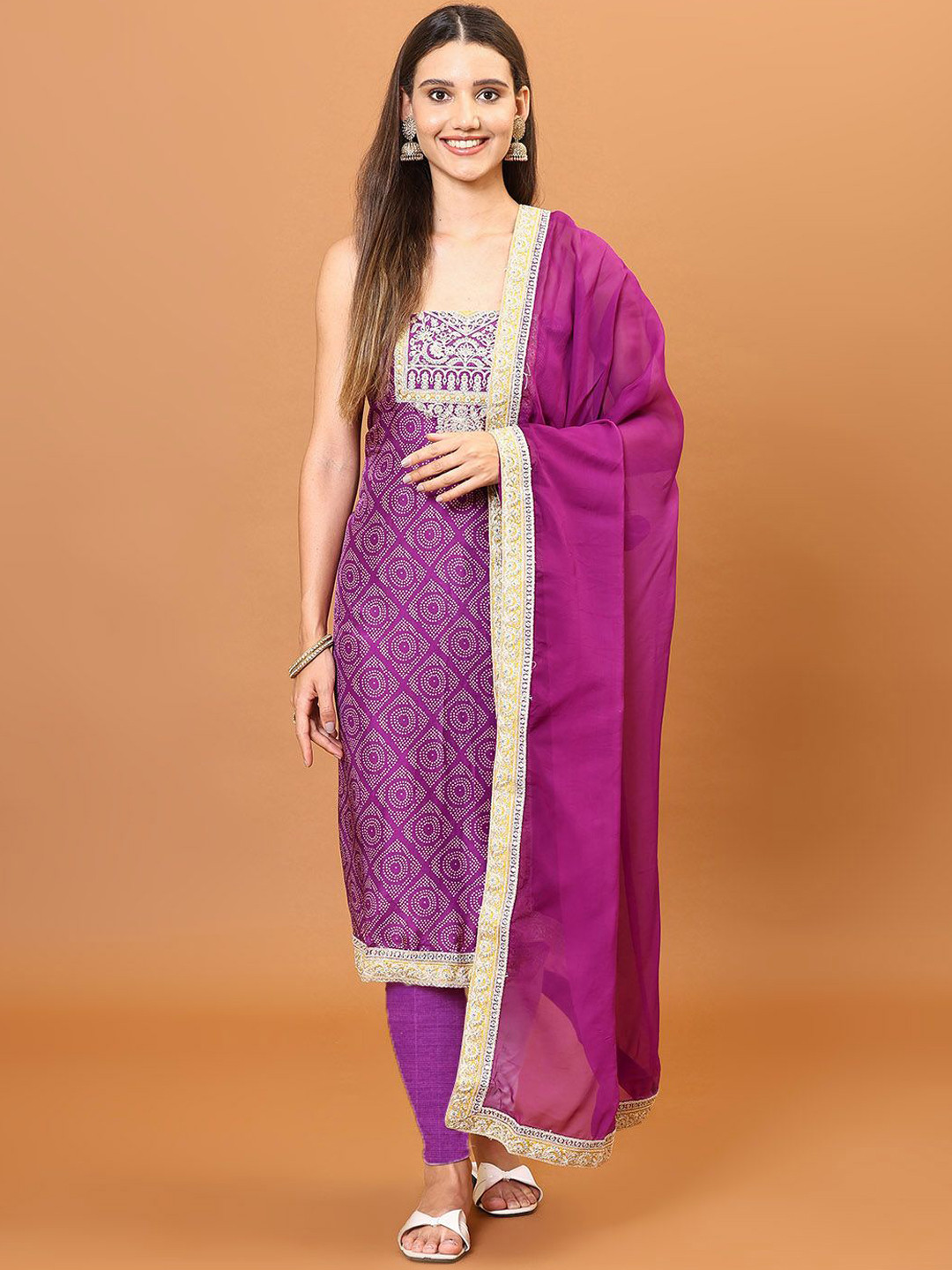 

Meena Bazaar Bandhani Printed Thread Work Art Silk Unstitched Dress Material, Purple