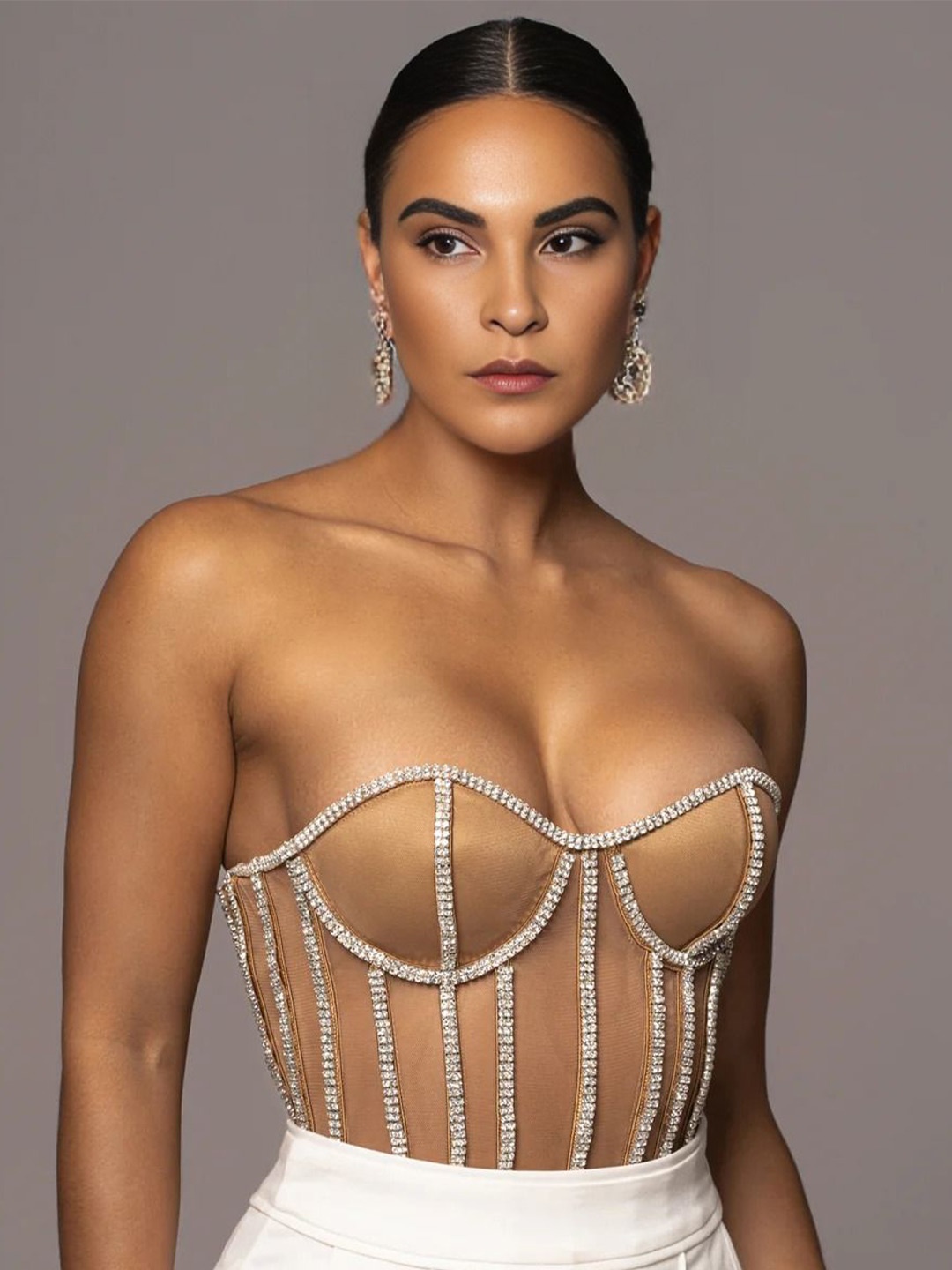 

Bee Boe Women Rhinestone Corset Top, Nude