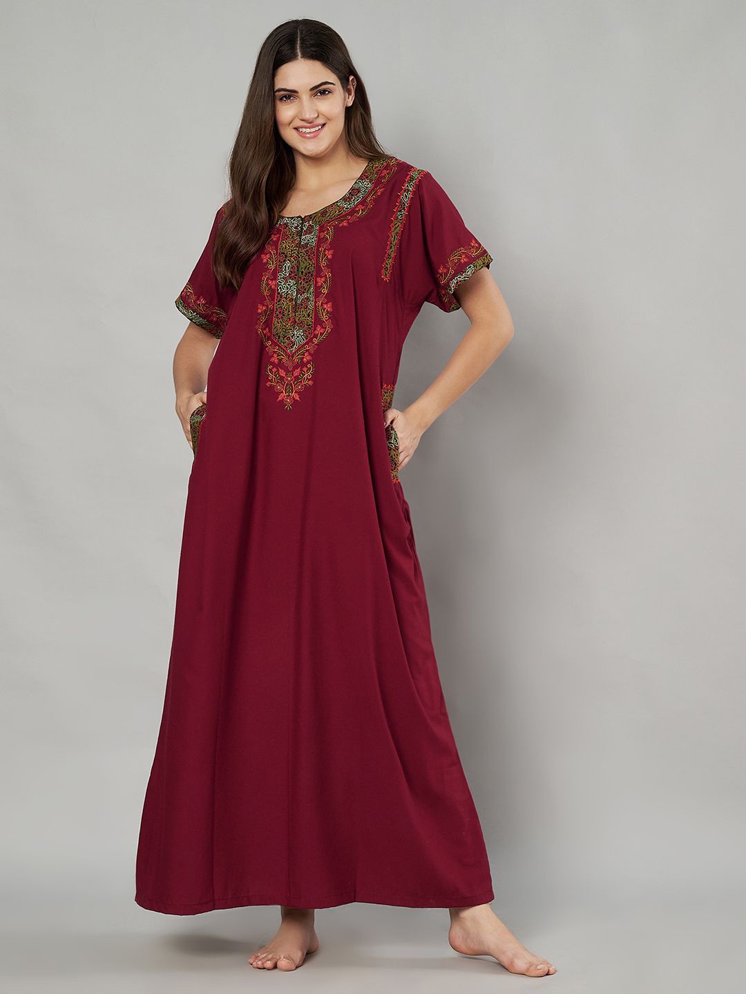 

KOI SLEEPWEAR Women Printed Short Sleeves Maxi Nightdress, Maroon
