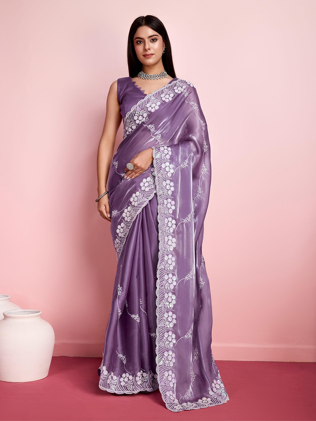 

VAIRAGEE Embellished Embroidered Sequinned Ready to Wear Saree, Lavender