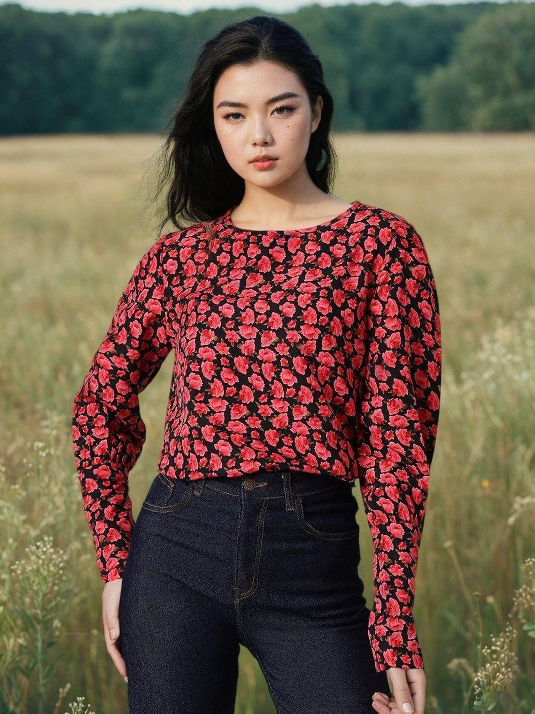 

Kotty Women Round Neck Floral Printed Top, Red