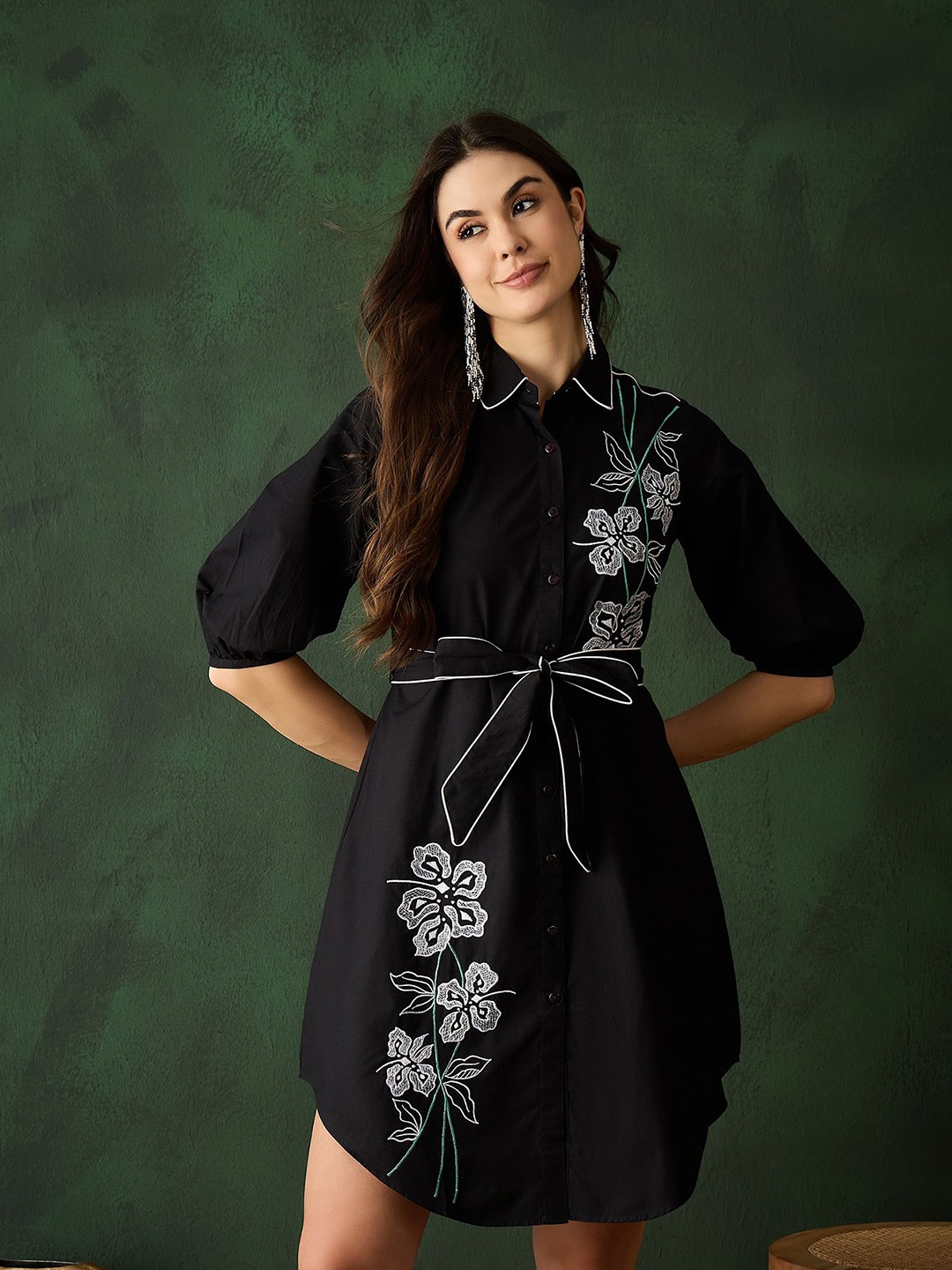 

Sangria Women Cotton Embroidered Short Sleeves Casual Shirt Dresses, Black