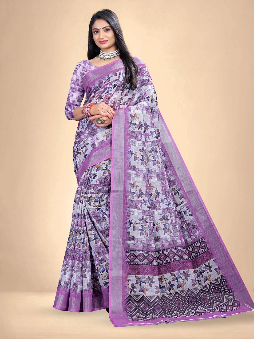 

Abhilasha Floral Printed Zari Cotton Maheshwari Saree, Purple