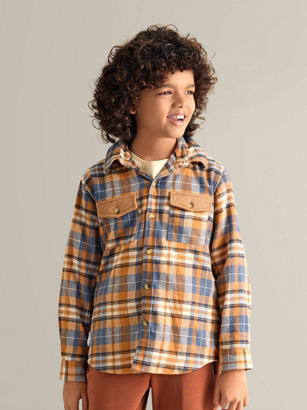 

My Milestones Boys Comfort Spread Collar Tartan Checked Cotton Casual Shirt, Tan