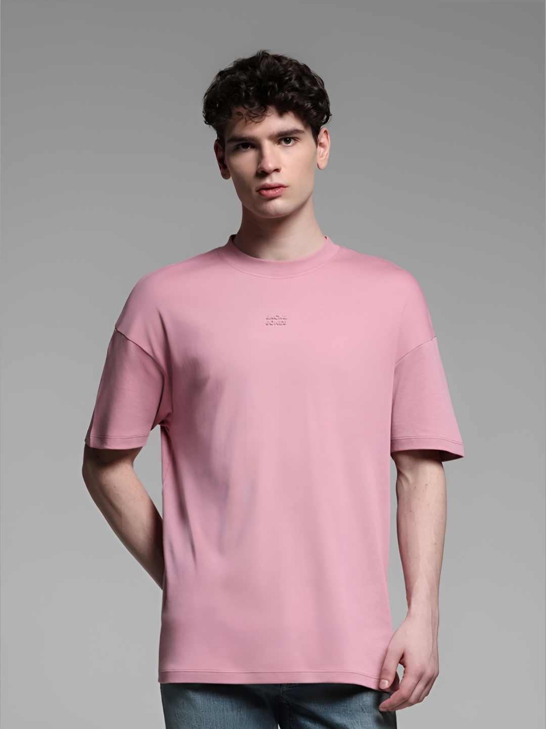 

Jack & Jones Men Solid Round Neck Cotton Oversized T-shirt, Pink