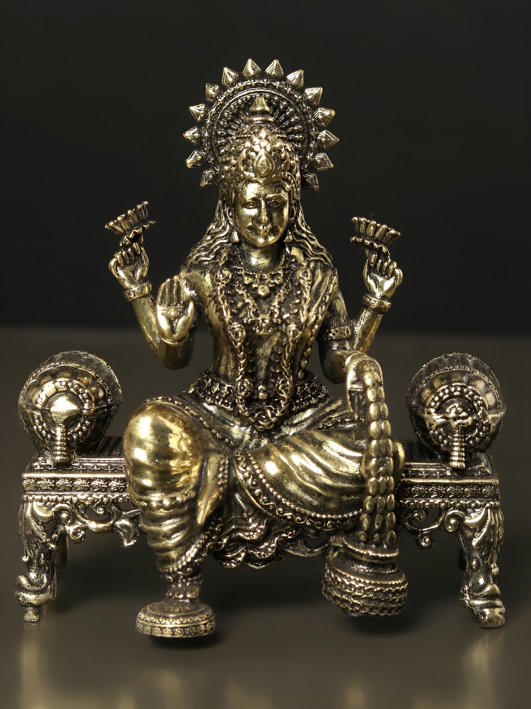 

Exotic India 4" Small Superfine Brass Goddess Lakshmi Seated on Singhasan, Gold
