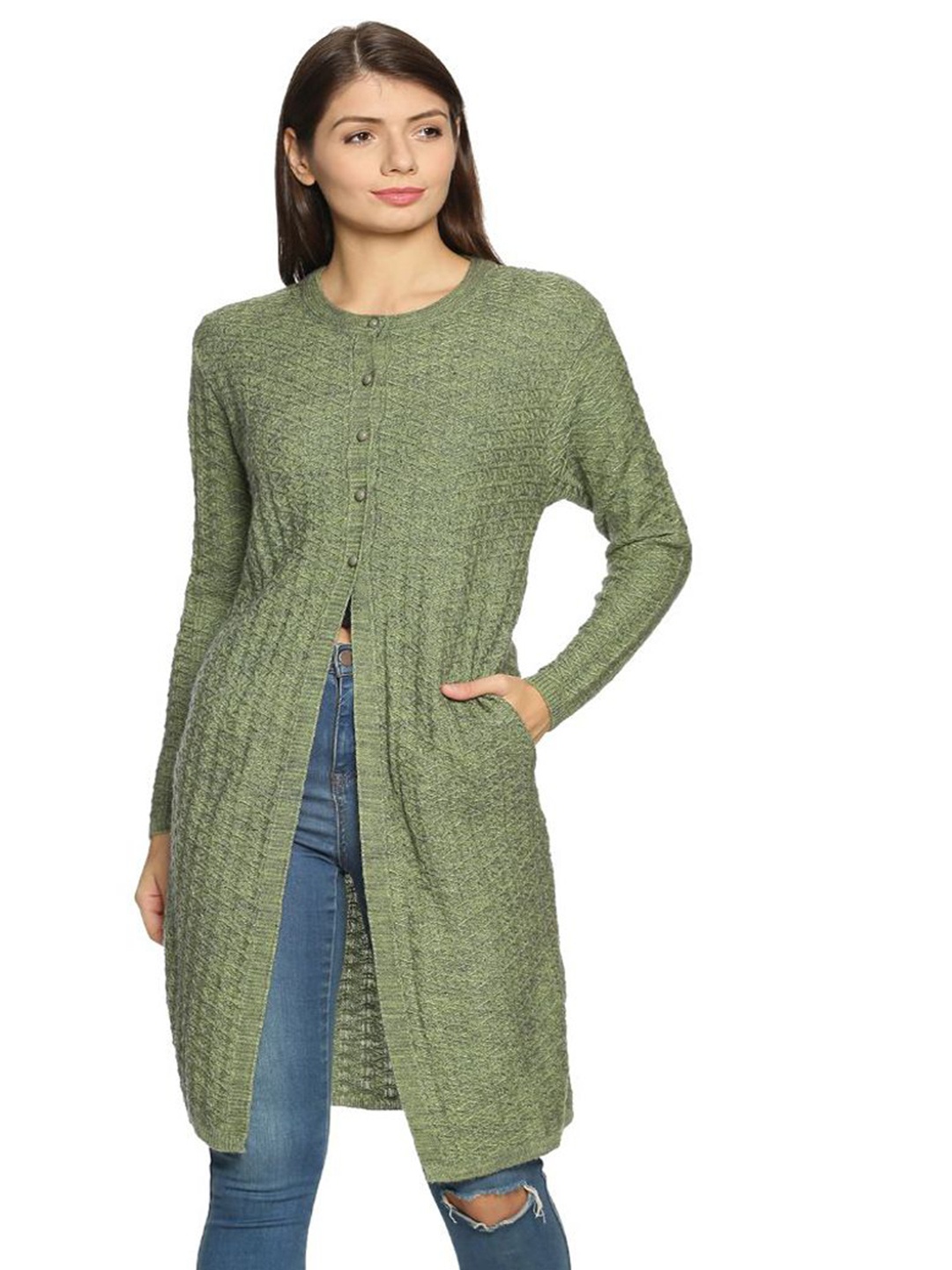 

CLAPTON Geometric Self Design Woolen Longline Cardigan, Green