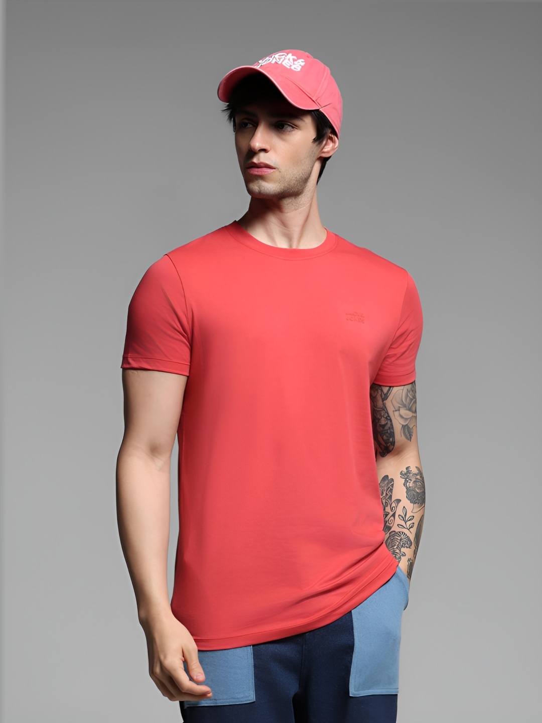 

Jack & Jones Men Solid Round Neck Cotton Slim Fit T-shirt, Red