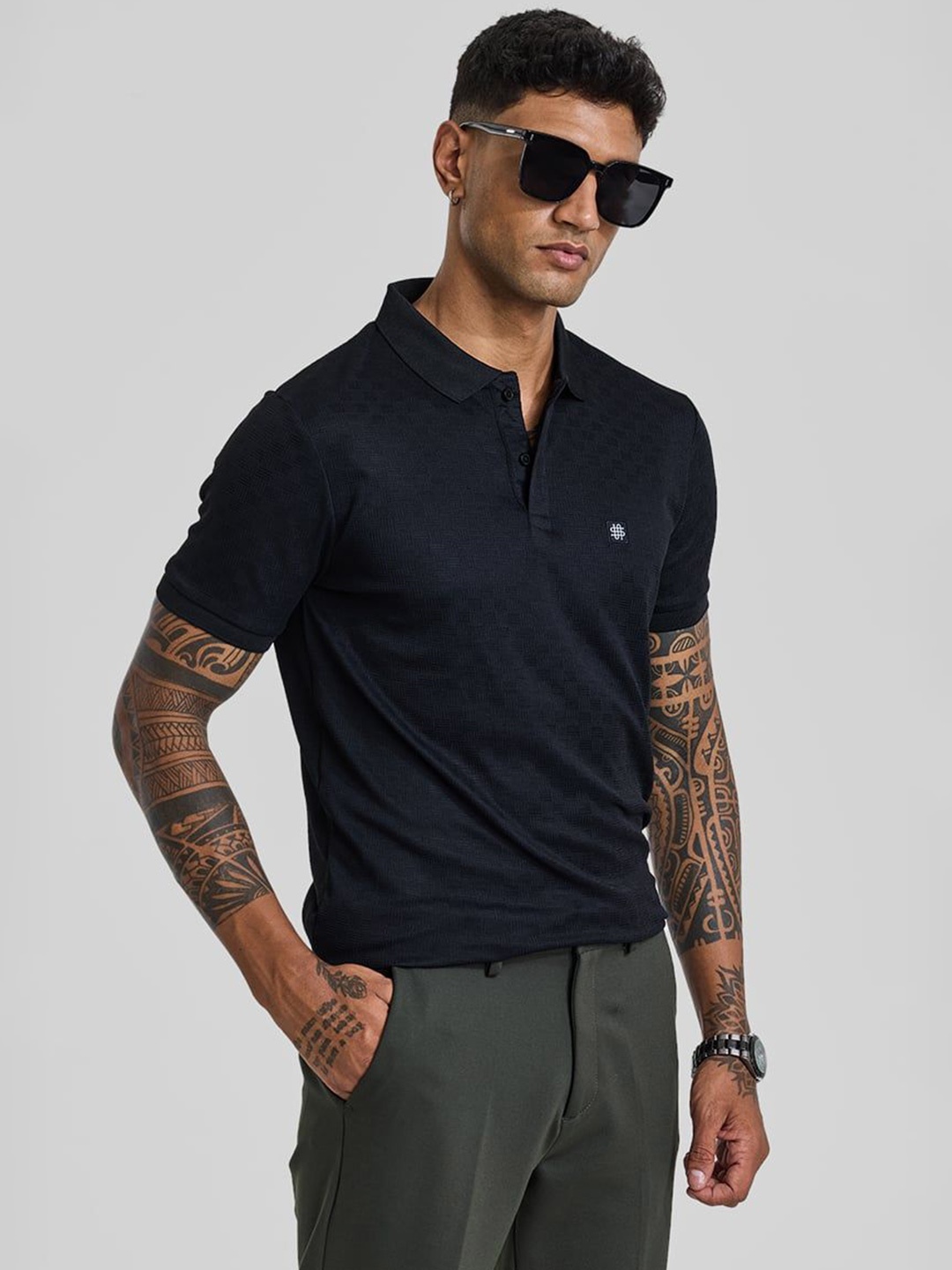 

Snitch Men Self Design Polo Collar Cotton Slim Fit T-shirt, Black