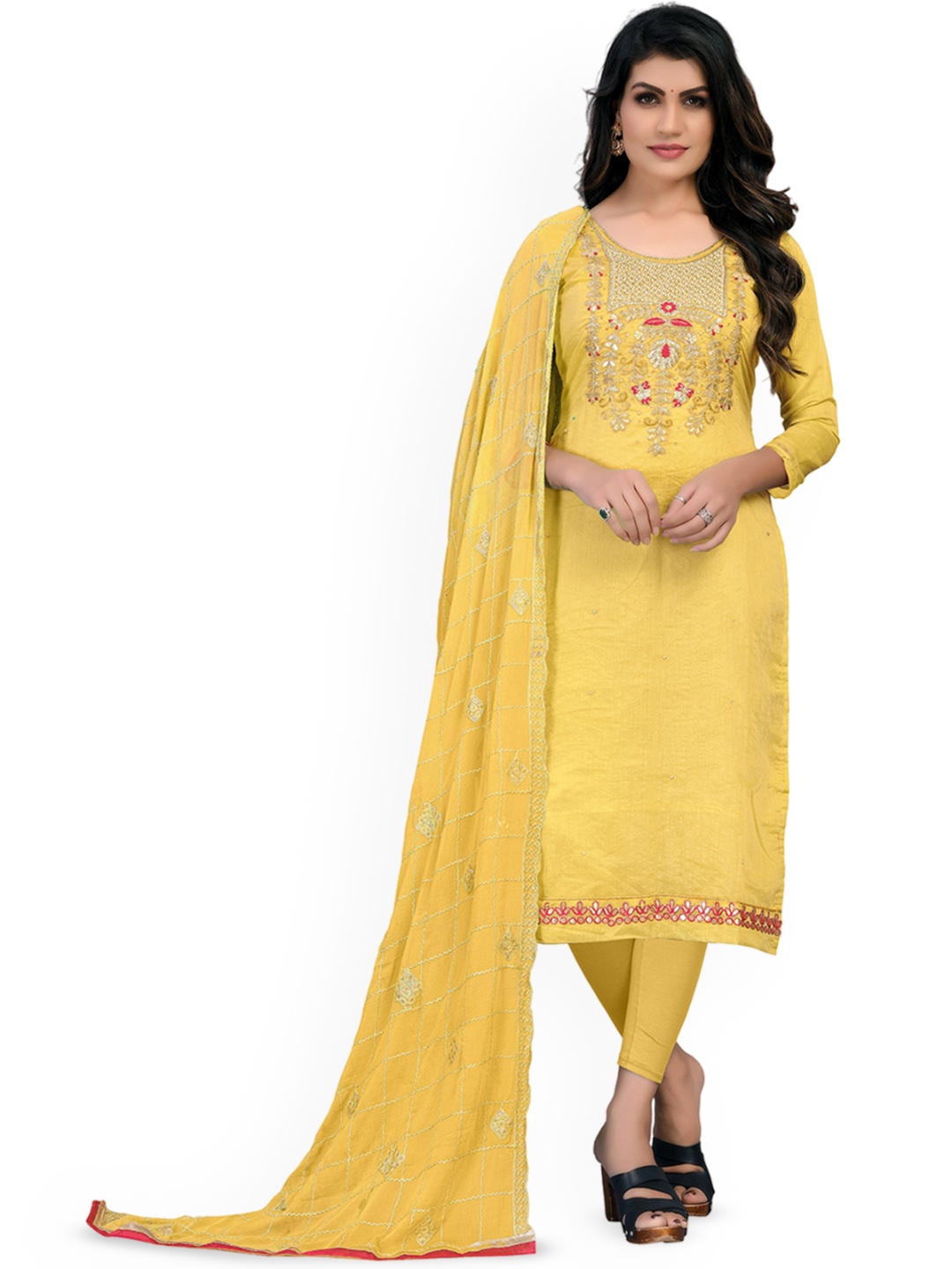 

Maroosh Floral Embroidered Unstitched Dress Material, Yellow