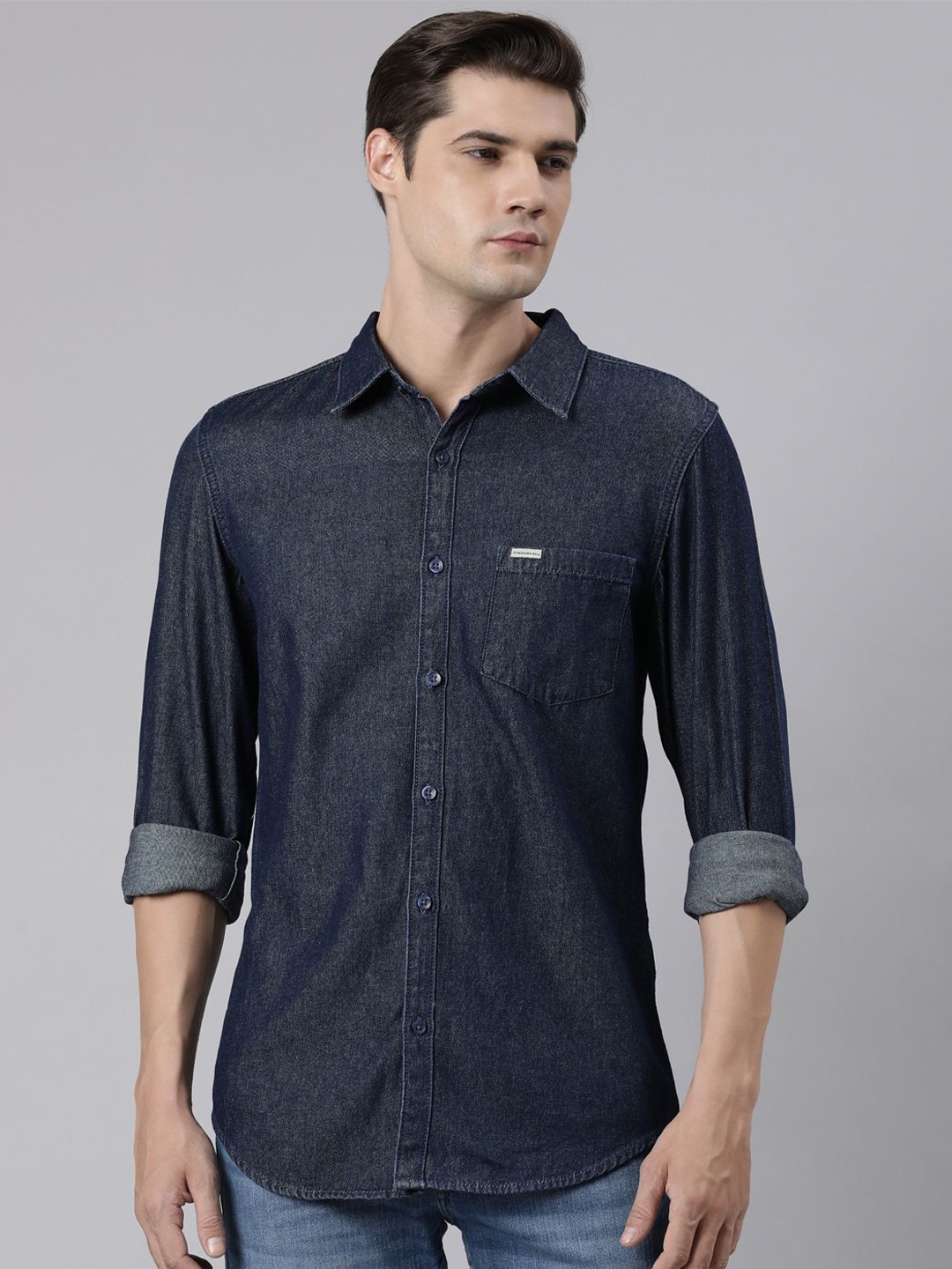 

American Bull Men Spread Collar Solid Cotton Casual Shirt, Blue