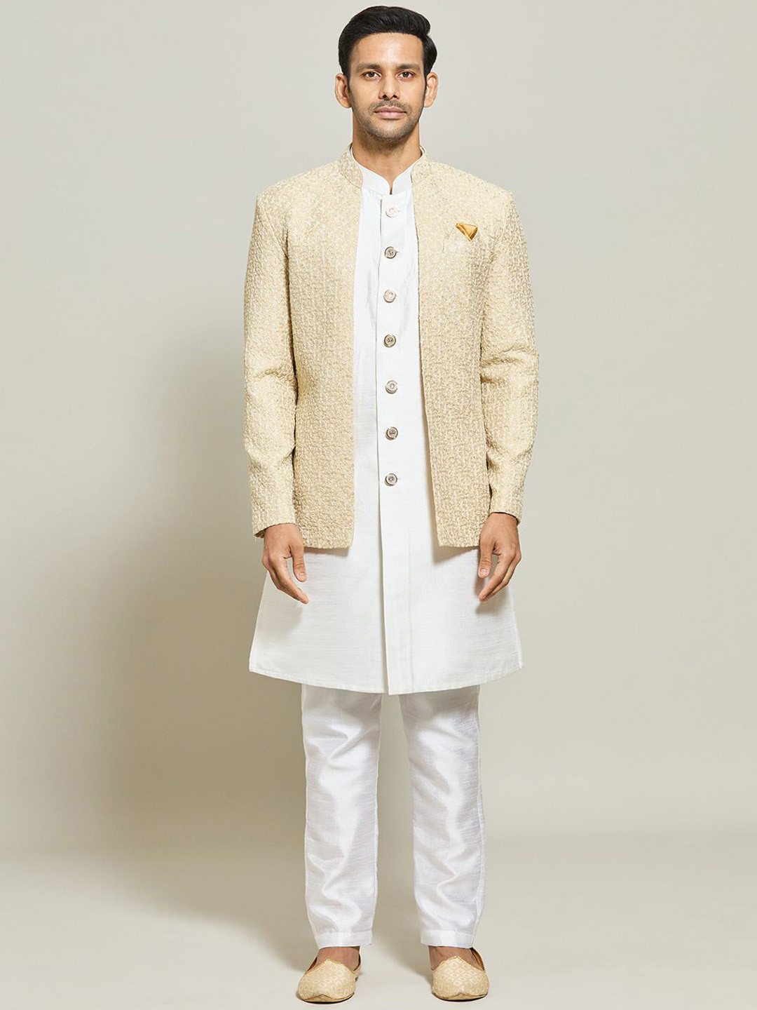 

Aryavir Malhotra Men Floral Embroidered Regular Sequinned Pure Silk Kurta with Trousers, White