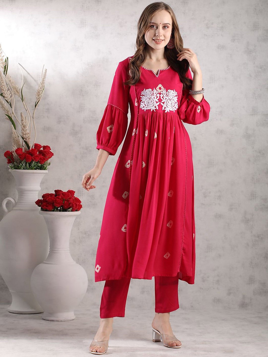 

KALINI Floral Embroidered Notch Neck Thread Work Anarkali Kurta with Trousers, Pink