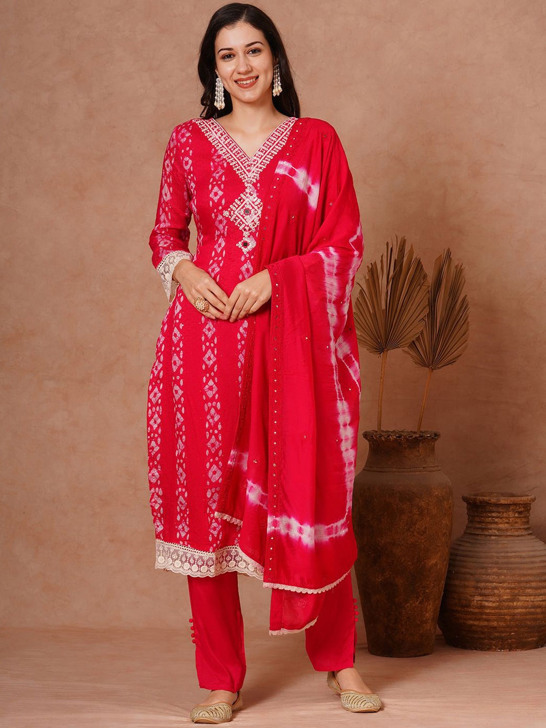 

FASHOR Ethnic Motifs Printed Mirror Work Pure Cotton Straight Kurta With Trouser & Dupatta, Pink