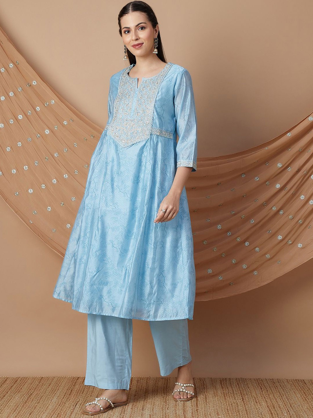 

Melange by Lifestyle Floral Embroidered Thread Work Kurta with Trousers & Dupatta, Blue