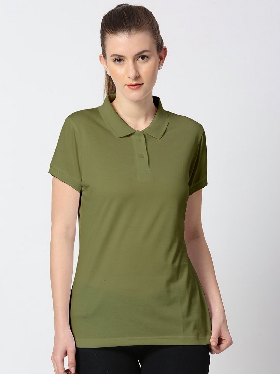 

Wear Your Opinion Women Solid Polo Collar Cotton T-shirt, Olive