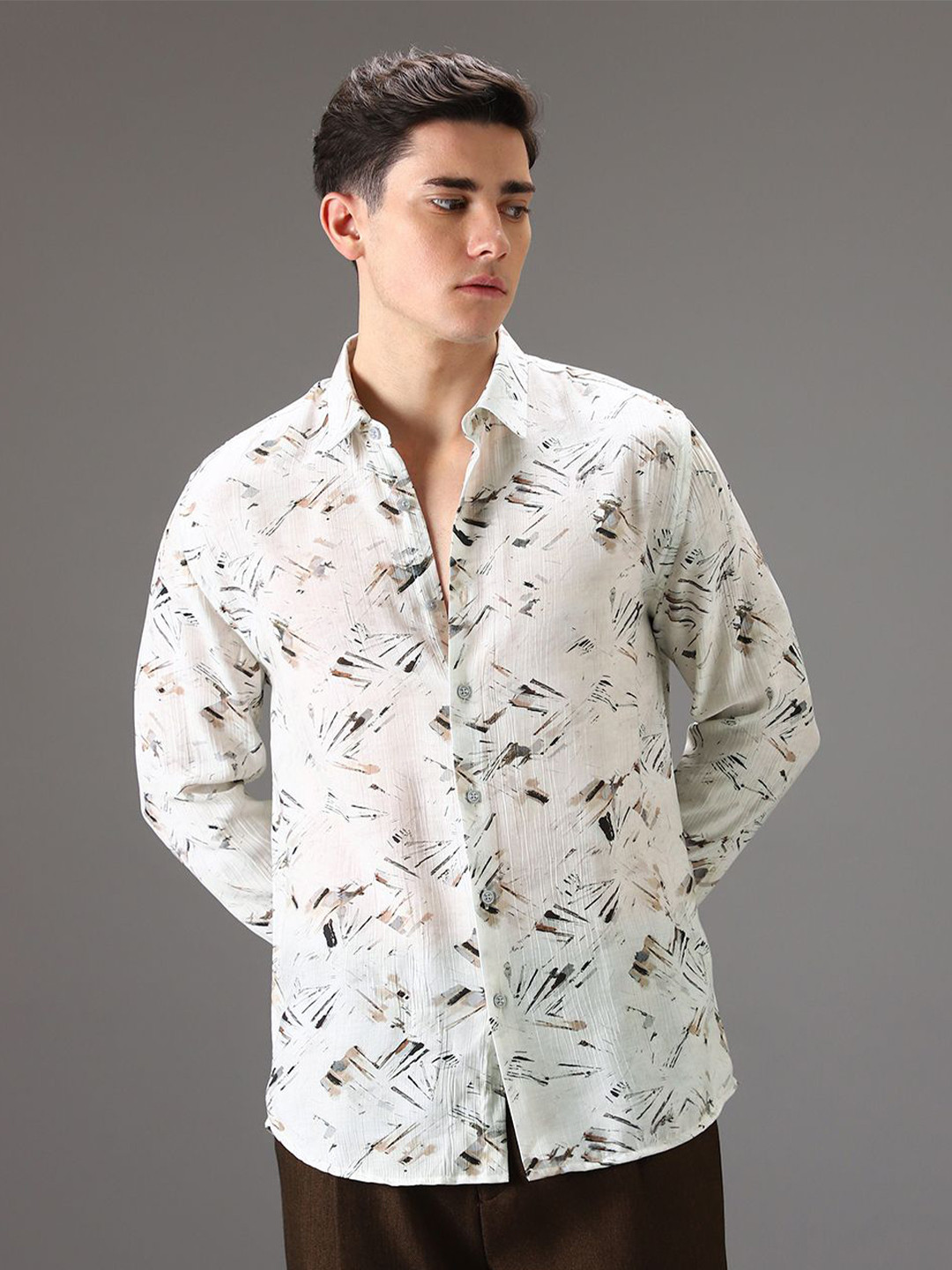 

Banana Club Men Classic Slim Fit Semi Sheer Printed Casual Shirt, Brown