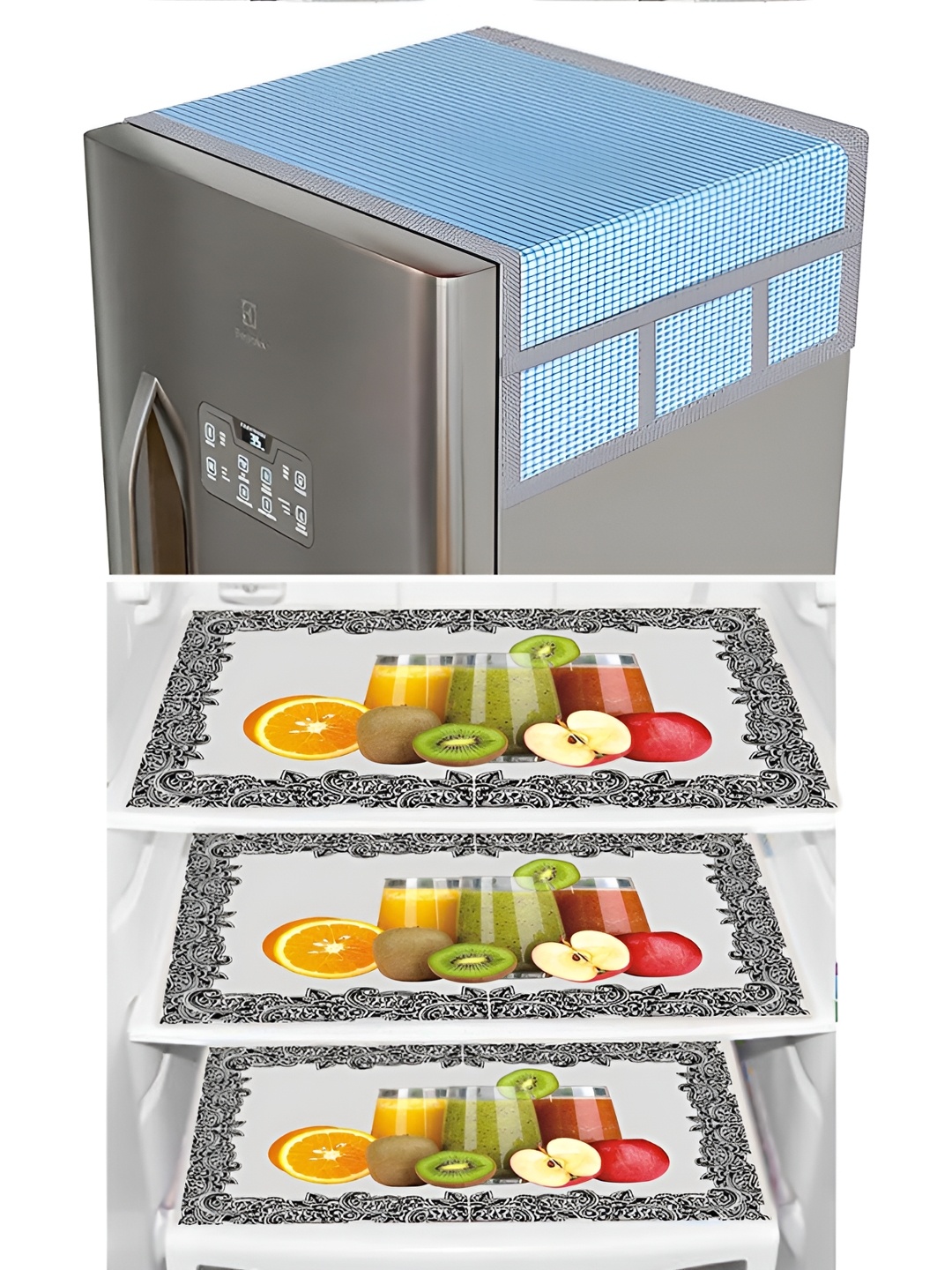 

LooMantha 4-Pcs Green & Blue Checked Fridge Covers & Mats