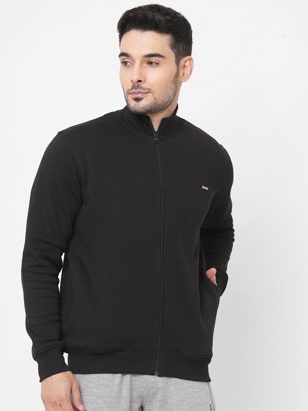 

Sweet Dreams Men Solid Cotton Round Neck Front-Open Sweatshirt, Black